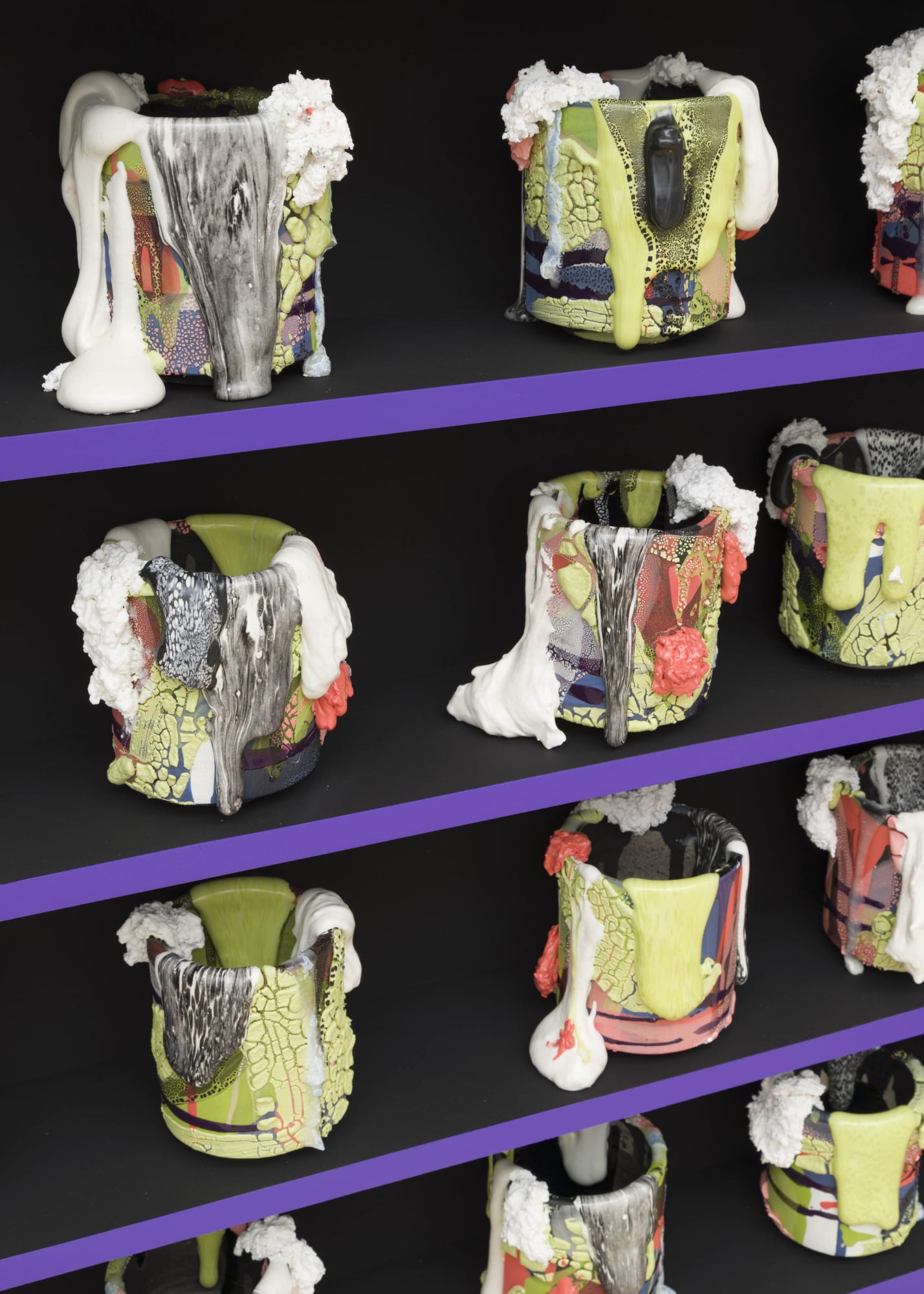 Grounding Techinque [detail], 2022 Ceramic, glaze, glass (35 Elements), acrylic on wood shelf 60 x 48 x 6 in 152.4 x 121.9 x 15.2 cm BRo 198