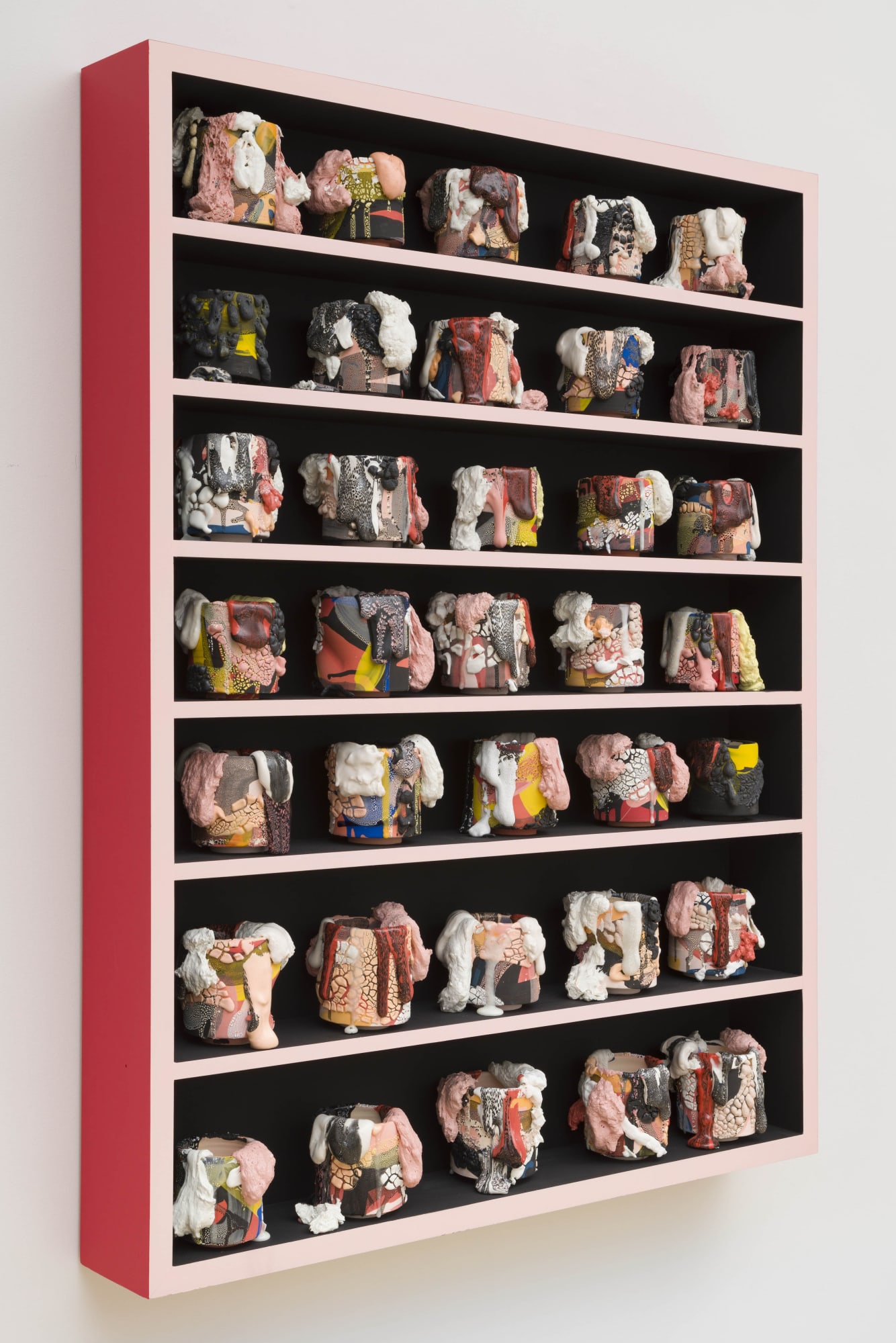 Grounding Techinque [alternate view], 2021 Ceramic, glaze, glass (35 Elements), acrylic on wood shelf 60 x 48 x 6 in 152.4 x 121.9 x 15.2 cm BRo 199