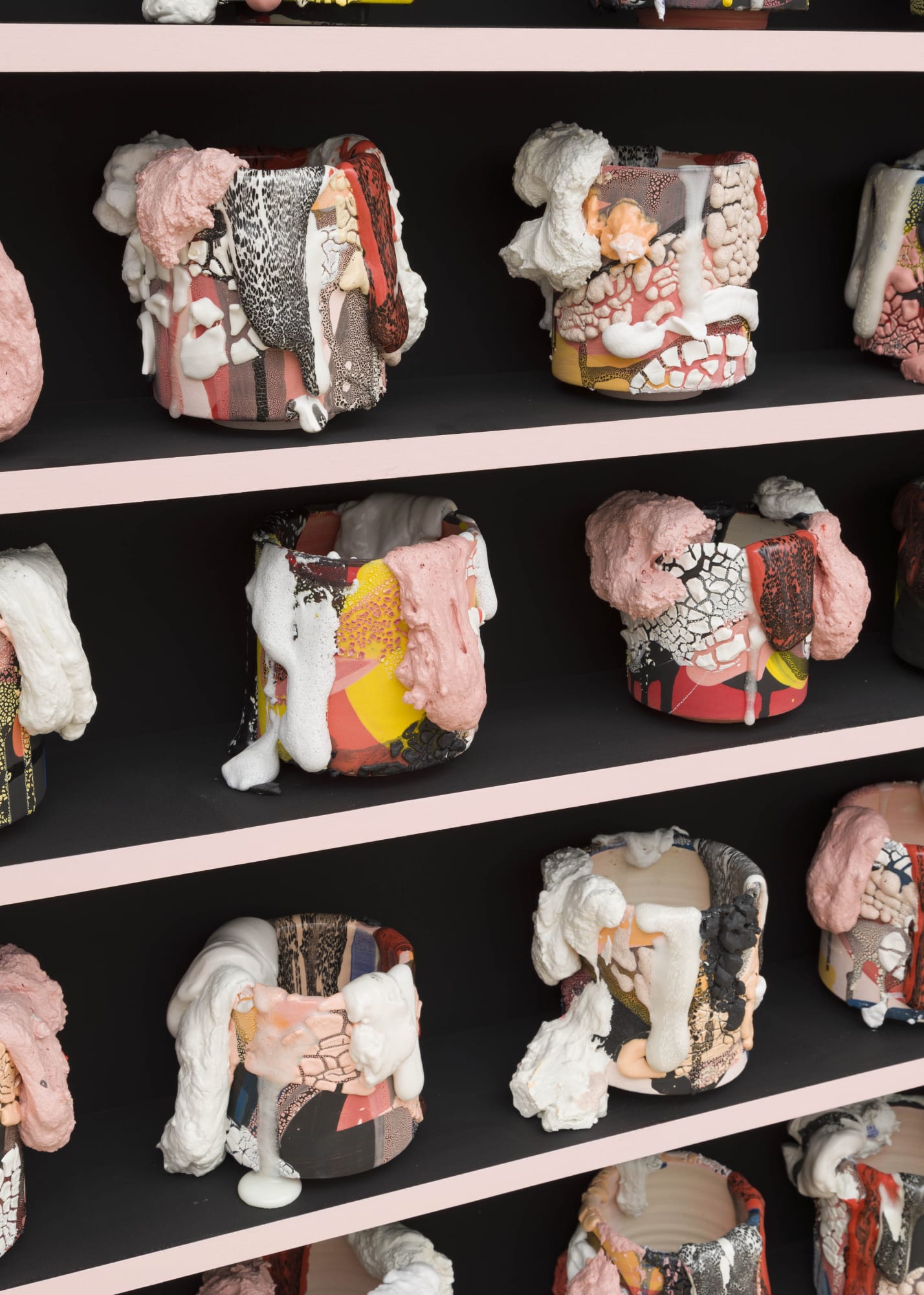 Grounding Techinque [detail], 2021 Ceramic, glaze, glass (35 Elements), acrylic on wood shelf 60 x 48 x 6 in 152.4 x 121.9 x 15.2 cm BRo 199