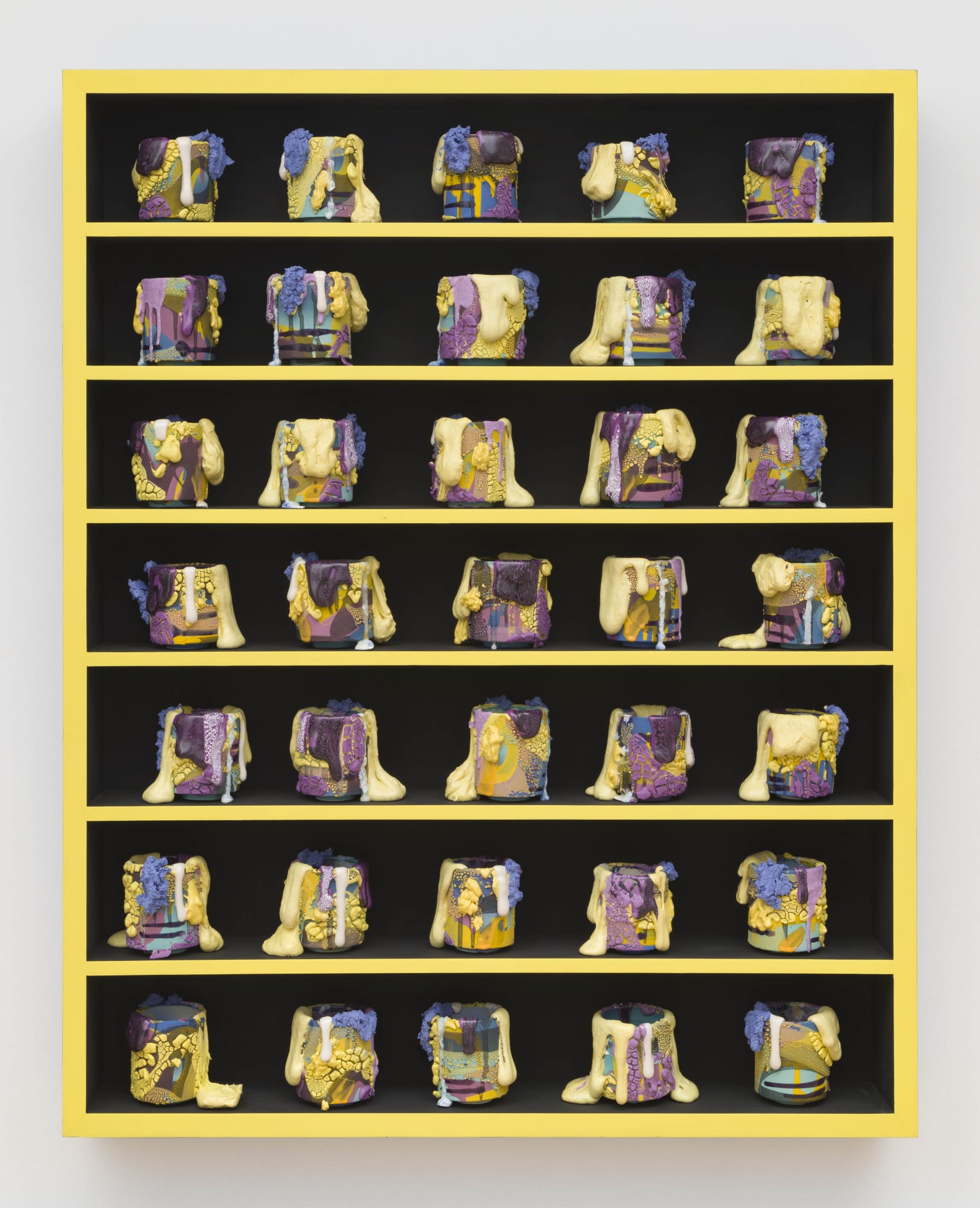 Grounding Techinque, 2022 Ceramic, glaze, glass (35 Elements), acrylic on wood shelf 60 x 48 x 6 in 152.4 x 121.9 x 15.2 cm BRo 200