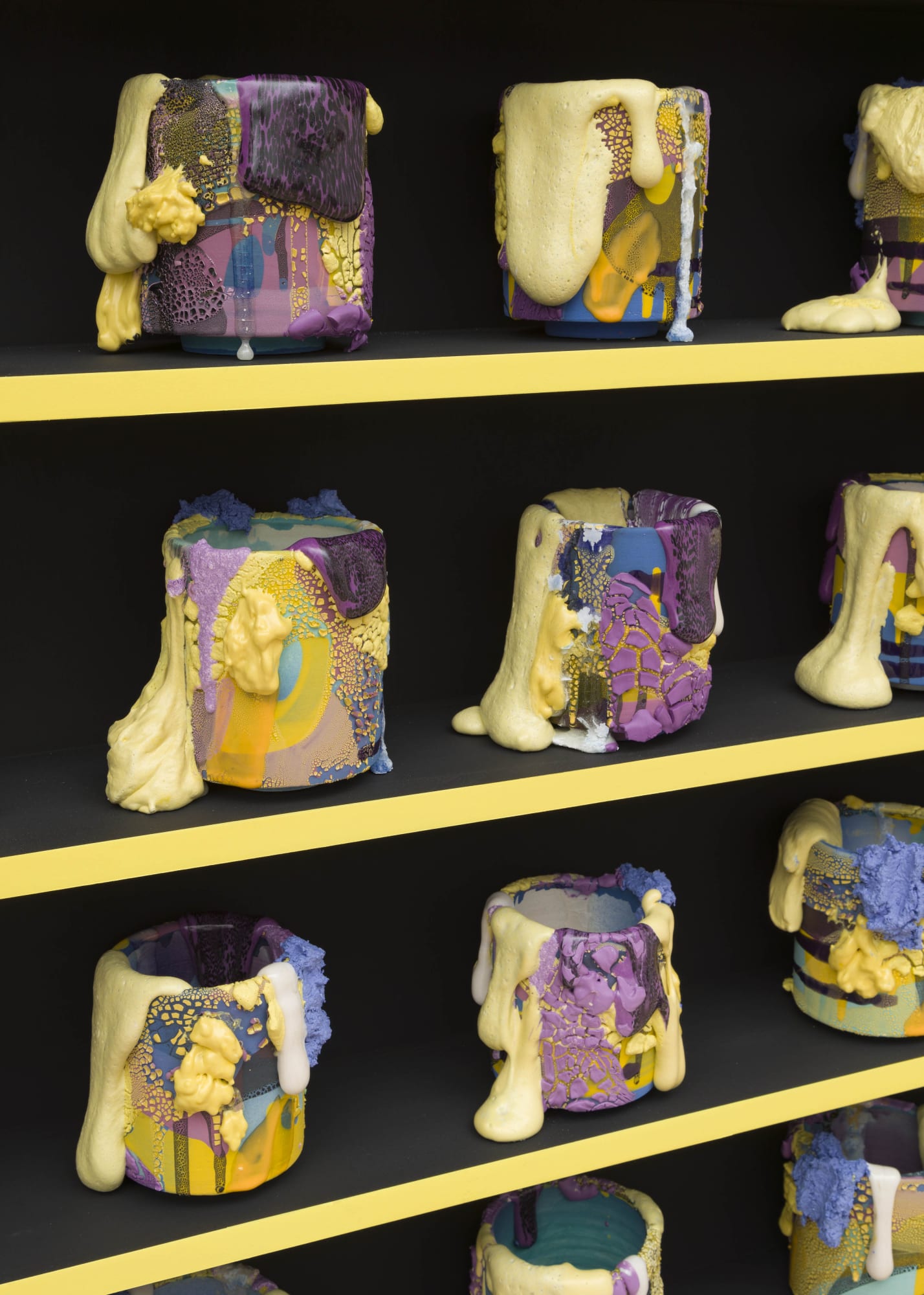 Grounding Techinque [detail], 2022 Ceramic, glaze, glass (35 Elements), acrylic on wood shelf 60 x 48 x 6 in 152.4 x 121.9 x 15.2 cm BRo 200