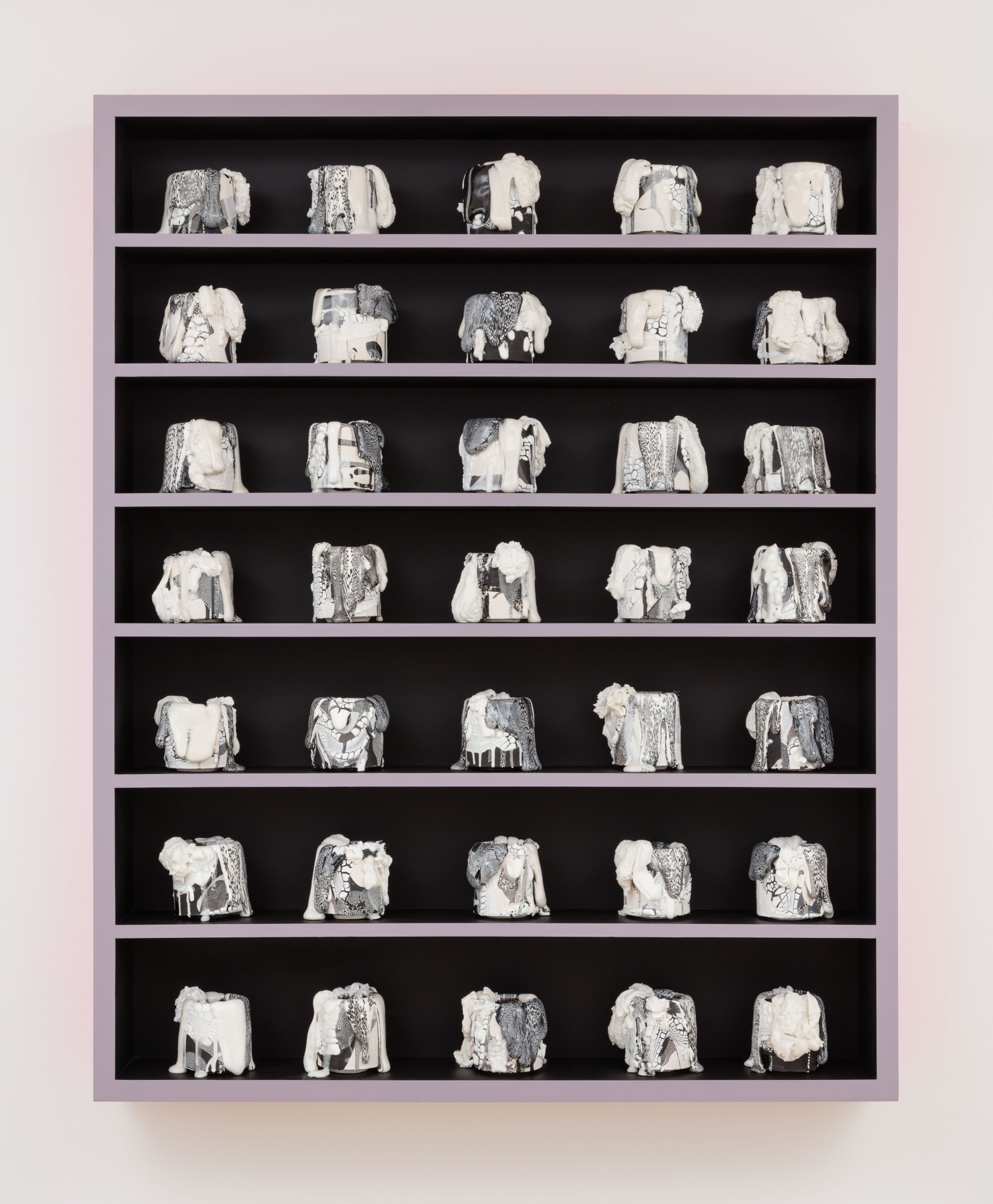 Grounding Technique #3, 2020 Ceramic, glaze, glass (35 Elements), acrylic on wood shelf 60 x 48 x 6 inches (152.4 x 121.9 x 15.2 cm) (BRO 159) Private Collection