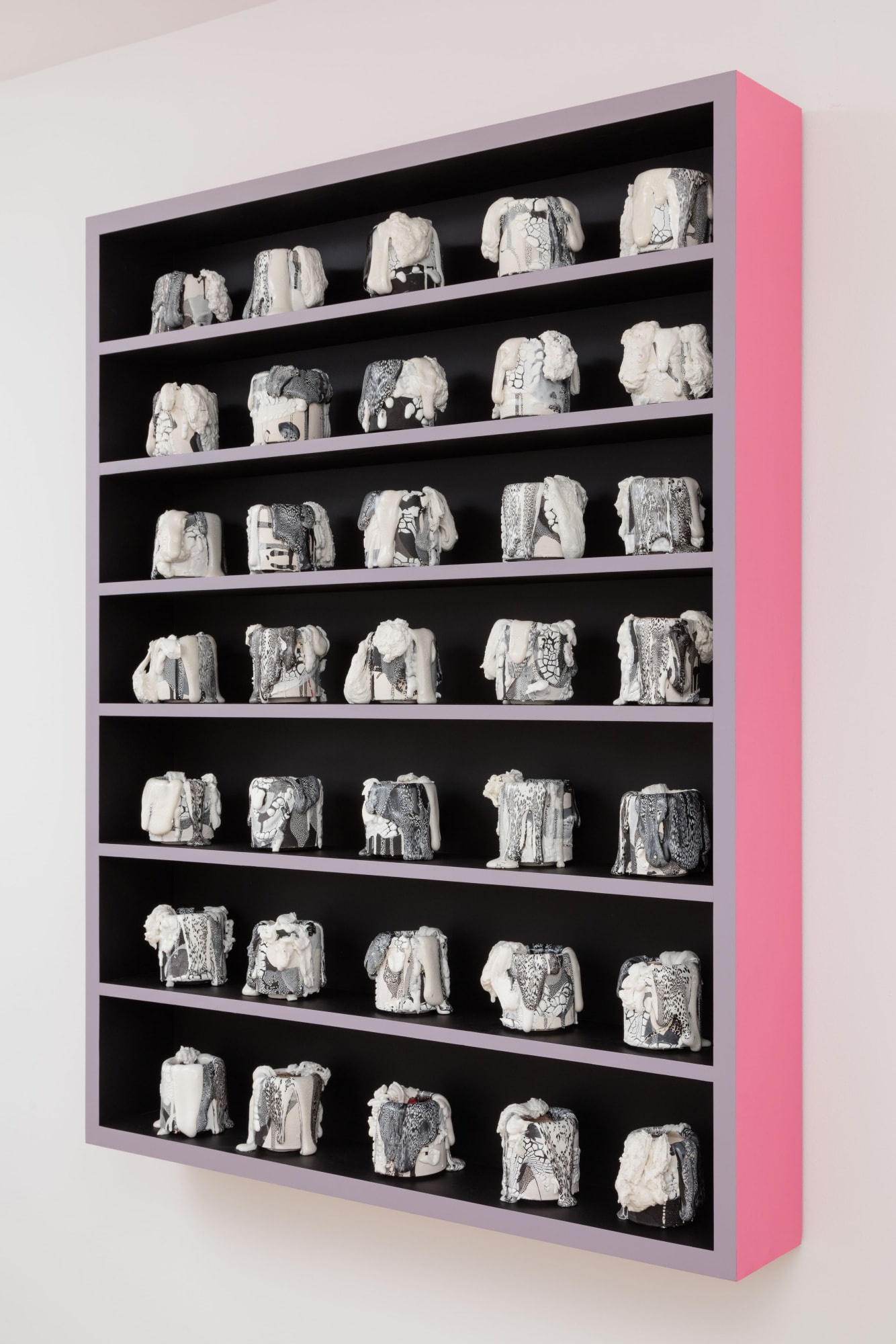 Grounding Technique #3 [alternate view], 2020 Ceramic, glaze, glass (35 Elements), acrylic on wood shelf 60 x 48 x 6 inches (152.4 x 121.9 x 15.2 cm) (BRO 159) Private Collection