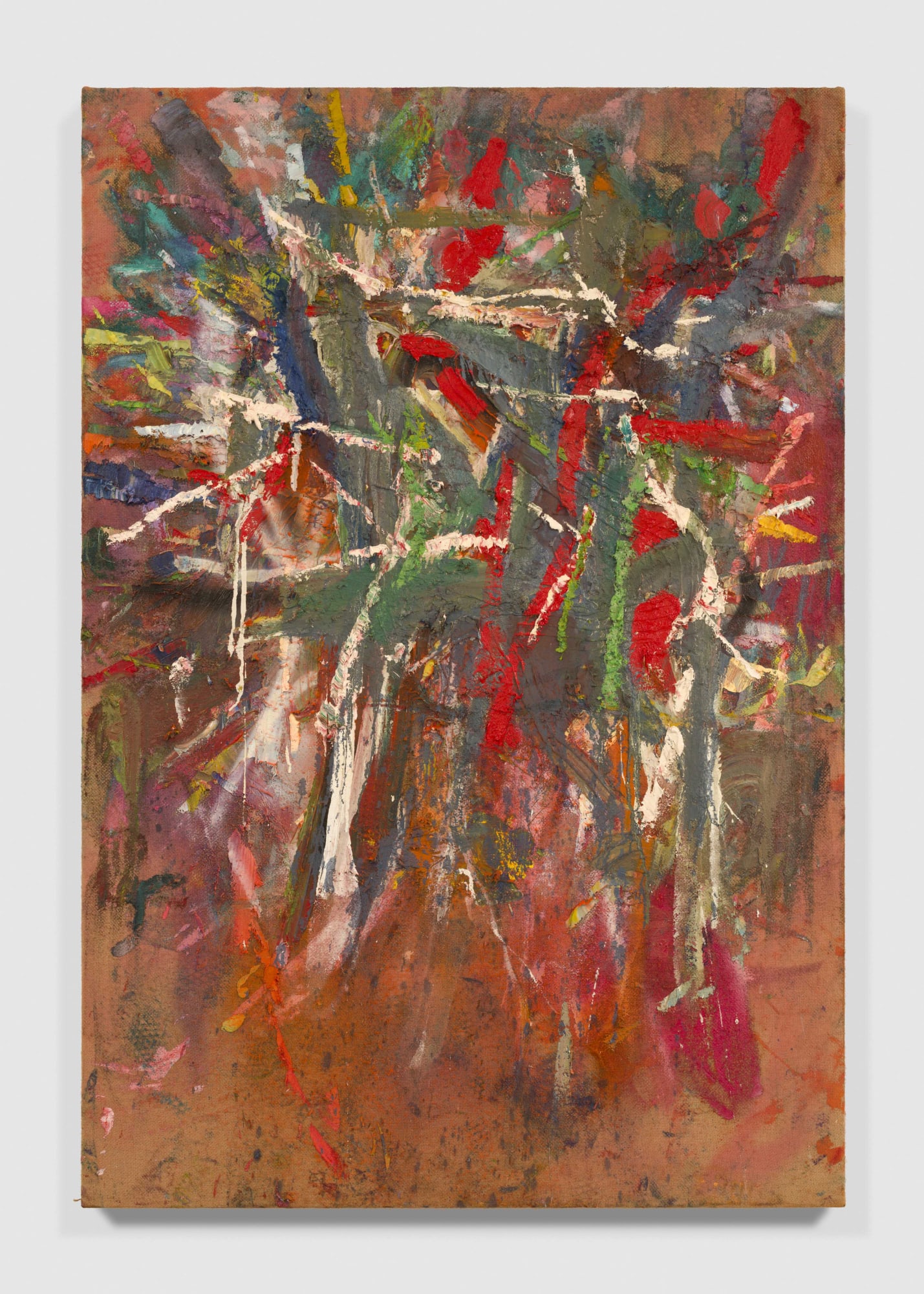 Spencer Lewis Untitled, 2021 Acrylic, oil, enamel, and ink on jute 69 x 47 in 175.3 x 119.4 cm (SPL 006) Private Collection