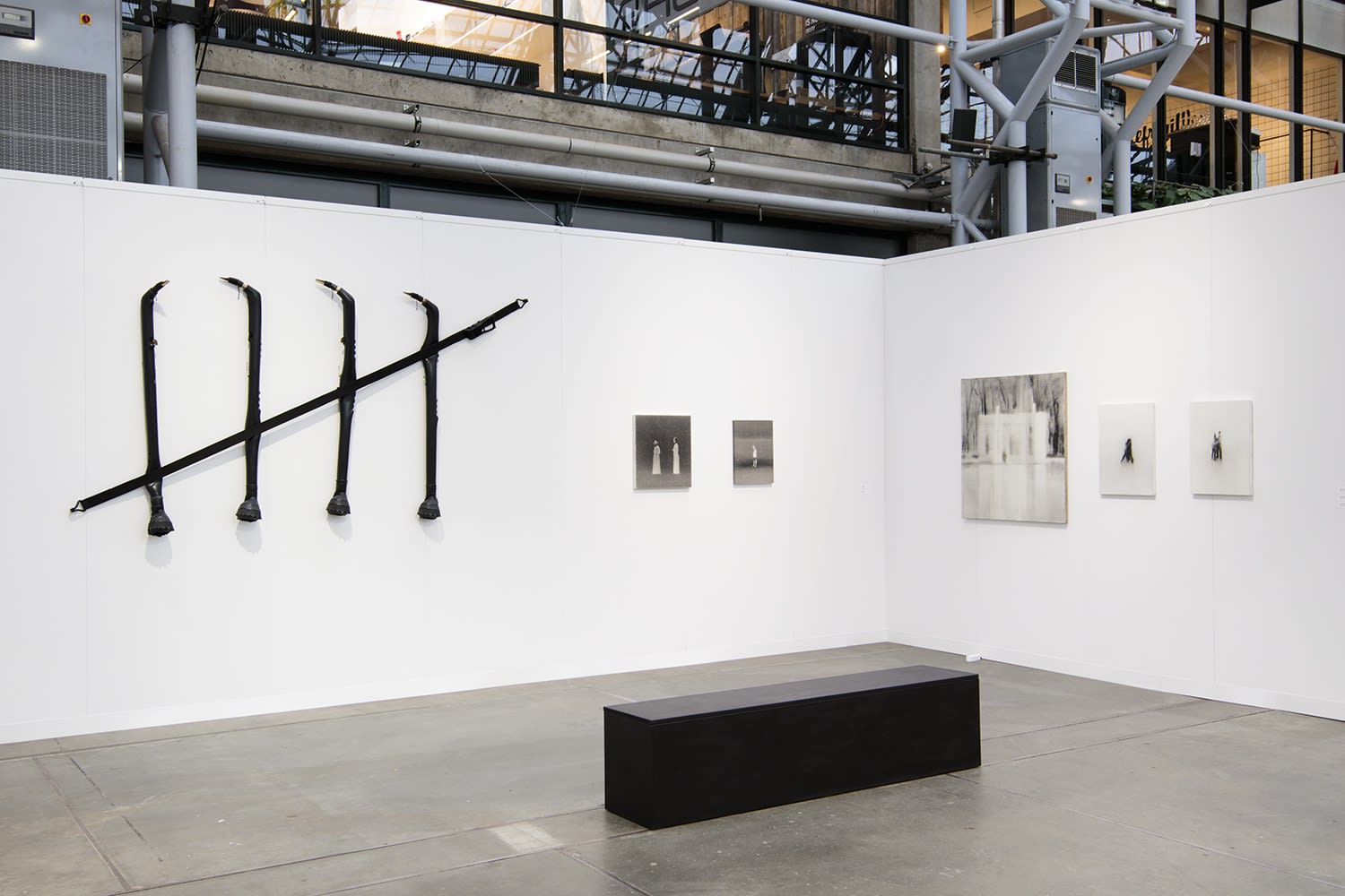 Code Art, 2018 Installation shot from art fair Code Art 2018. Vytautas Viržbicka's wall installation "Sounds like Occupation" (2015) was represented together with works by Lithuanian artist Mindaugas Lukošaitis and Latvian artist Janis Avotins.