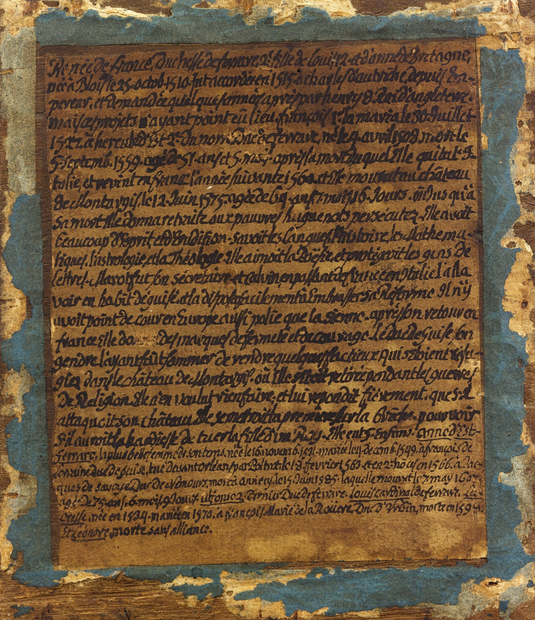 An old hand-written label from the 19th century (affixed verso), erroneously identifying the sitter as Renée of France, Duchess of Ferrara