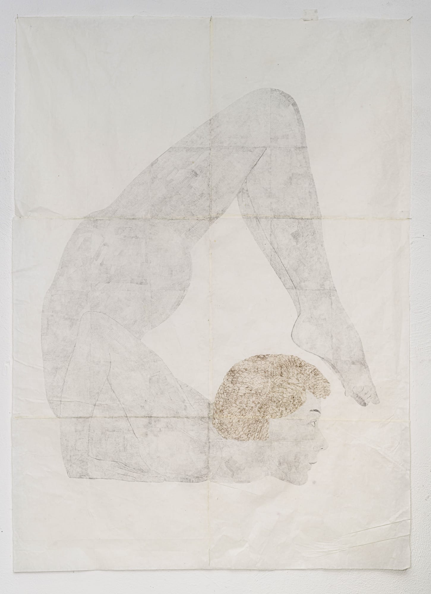 Marta Roberti Selfportrait in scorpion pose, 2020 cm 186 x 137 Oil pastel on Yunnan paper exhibited in Io dico Io – I say I, curated by Cecilia Canziani, Lara Conte, Paola Ugolini, Galleria Nazionale d’Arte Moderna e Contemporanea, Rome