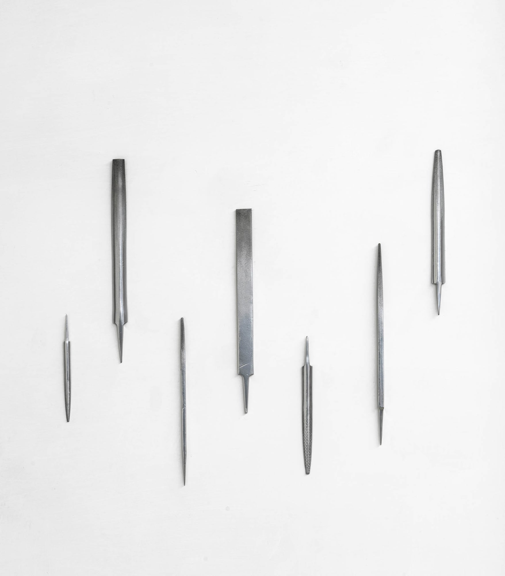 Malelingue (Caption Series), 2020, old worn and polished stainless steel iron files, variable dimensions. Ph Giorgio Benni