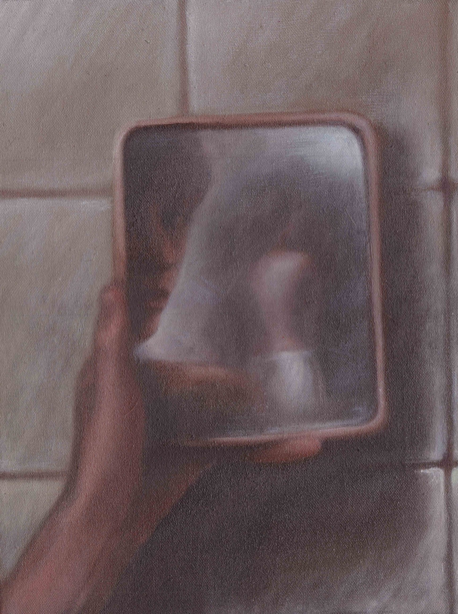 Maddalena Pamio, Checking a new haircut, 2025, oil on canvas, cm 40 x 30
