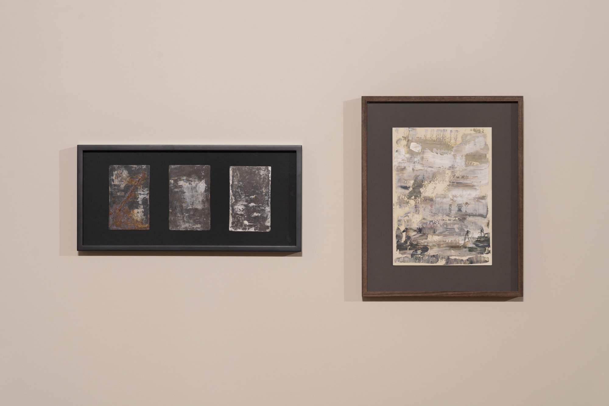 on the left, Nazzarena Poli Maramotti, Ode al caso (triptych), 2025, mixed media on metal, cm 12 x 8 (each), cm 20,5 x 42,5 (framed)
