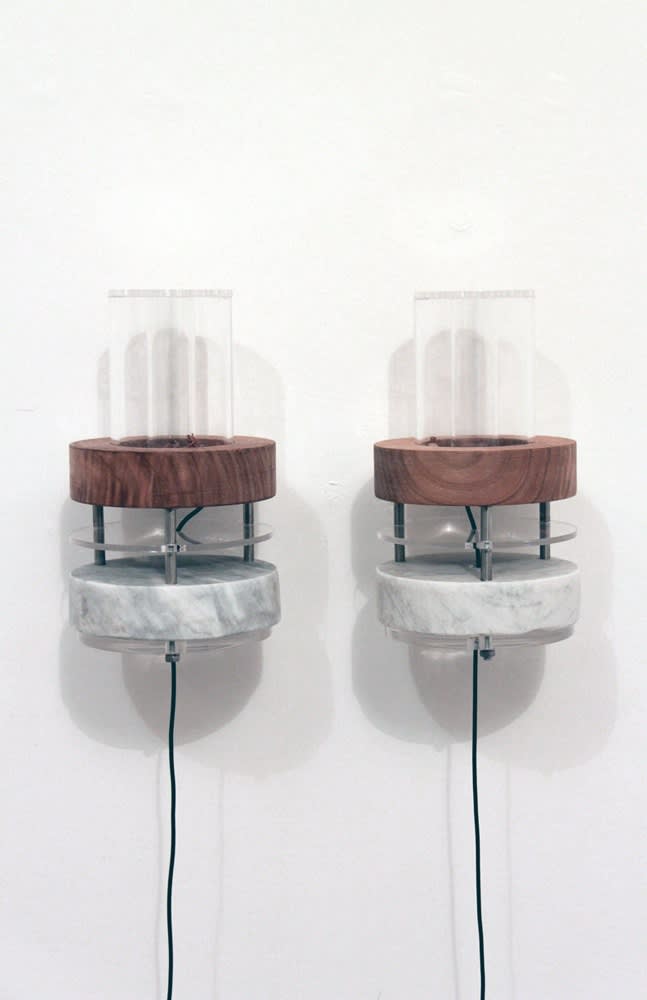 Ab Origine, Installation View, z2o Sara Zanin gallery, room 3 Tamara Repetto, Castanea, 2013. Plexiglas, wood, marble, steel, fan, cable, timer; cm 126 x 15 each
