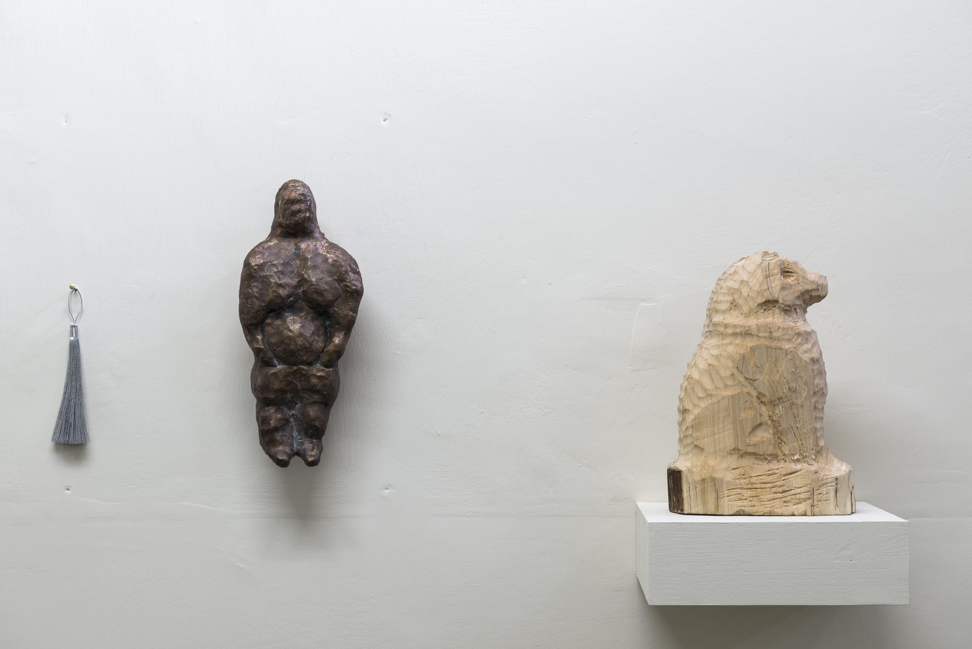 Evgeny Antufiev, Untitled, 2015, bronze sculpture cm 30 x 13 x 7, wooden sculpture cm 26 x 17 x 8, tassel cm 17