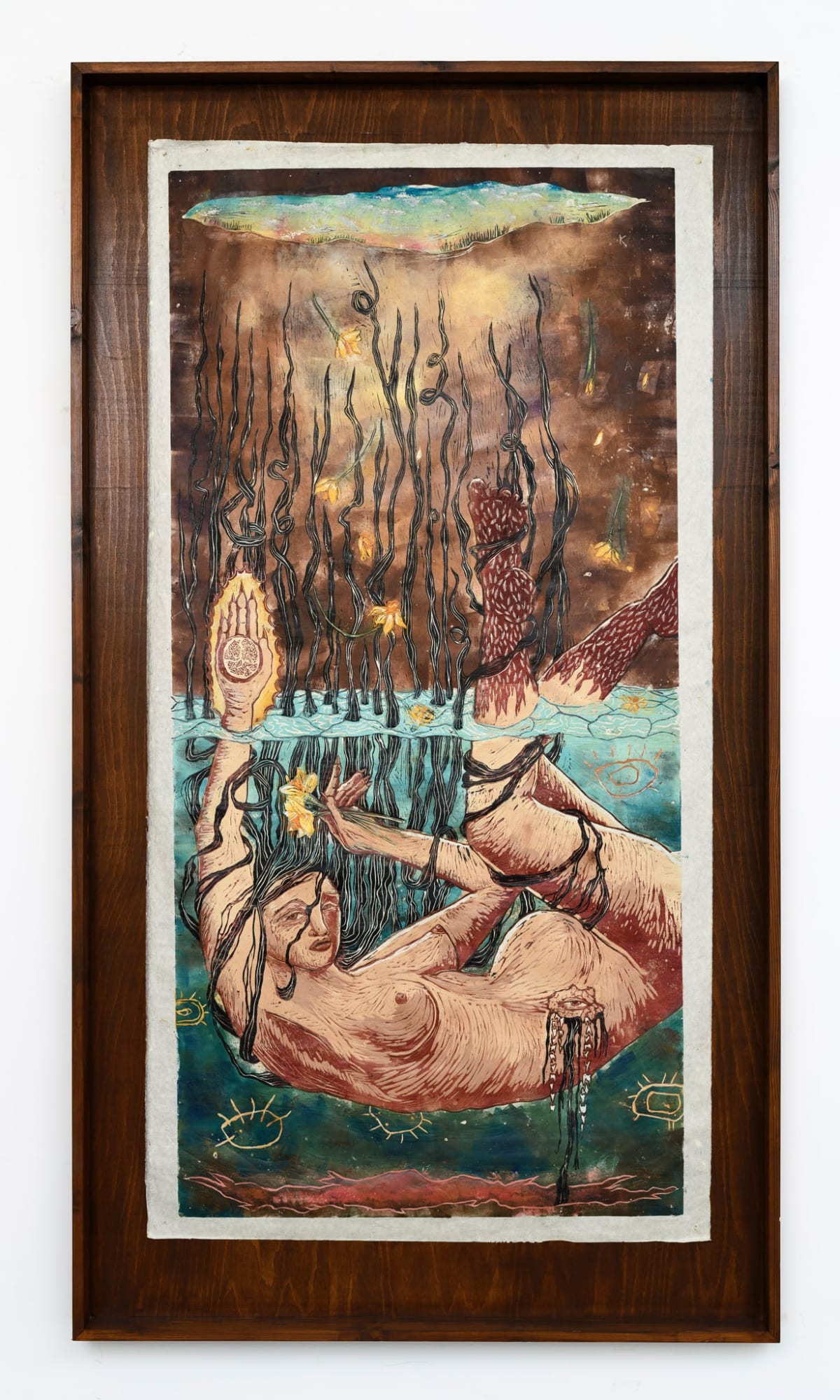 Alexi Marshall, Katabasis, 2023, hand printend linocut ink on Japanese paper, 225 x 124 cm, ph. Giorgio Benni