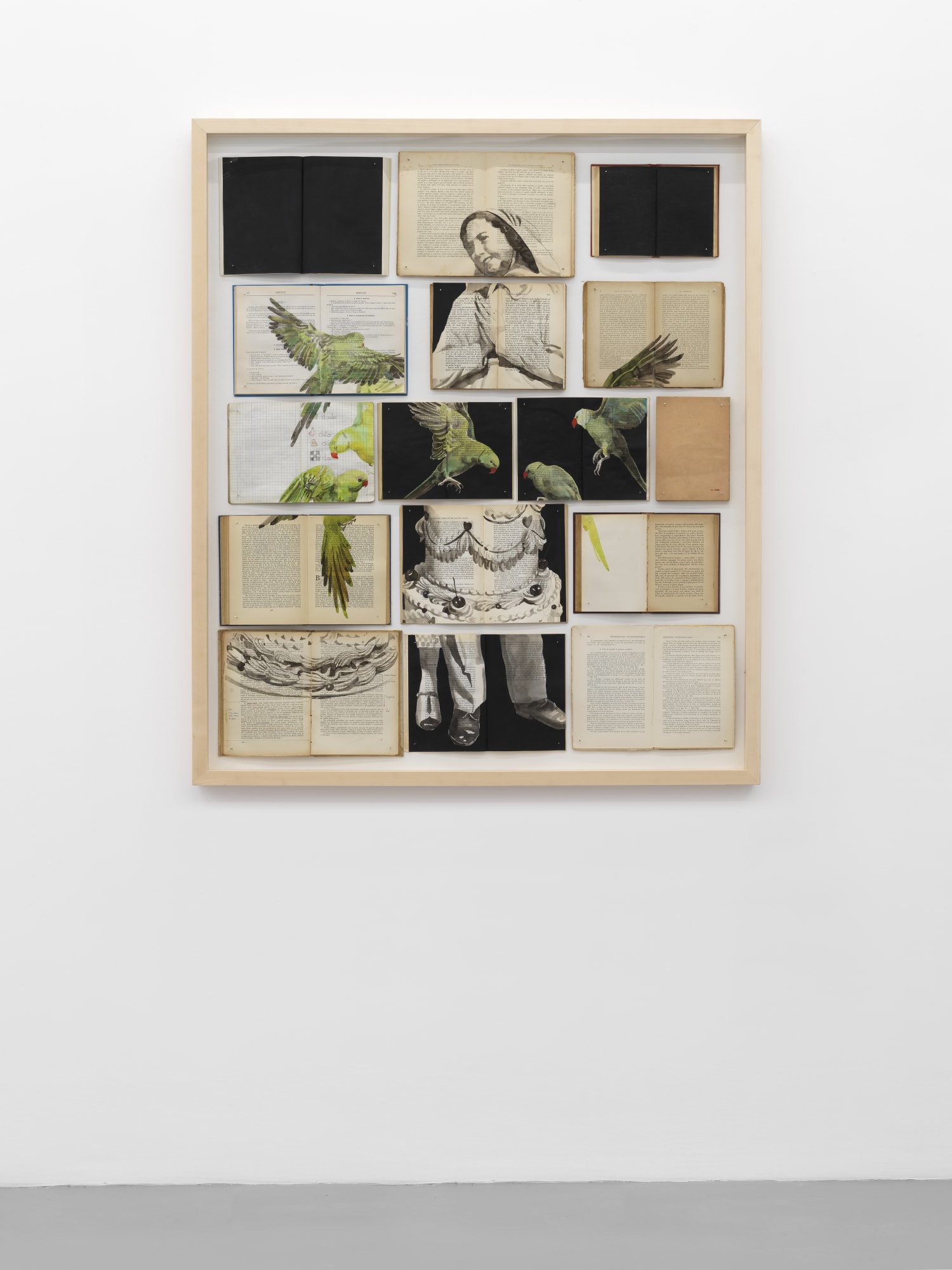 Ekaterina Panikanova, Dado / Ditale / Dito / Dama, 2024, colored ink and black acrylic on books, cm 135 x 115. Ph. Dario Lasagni