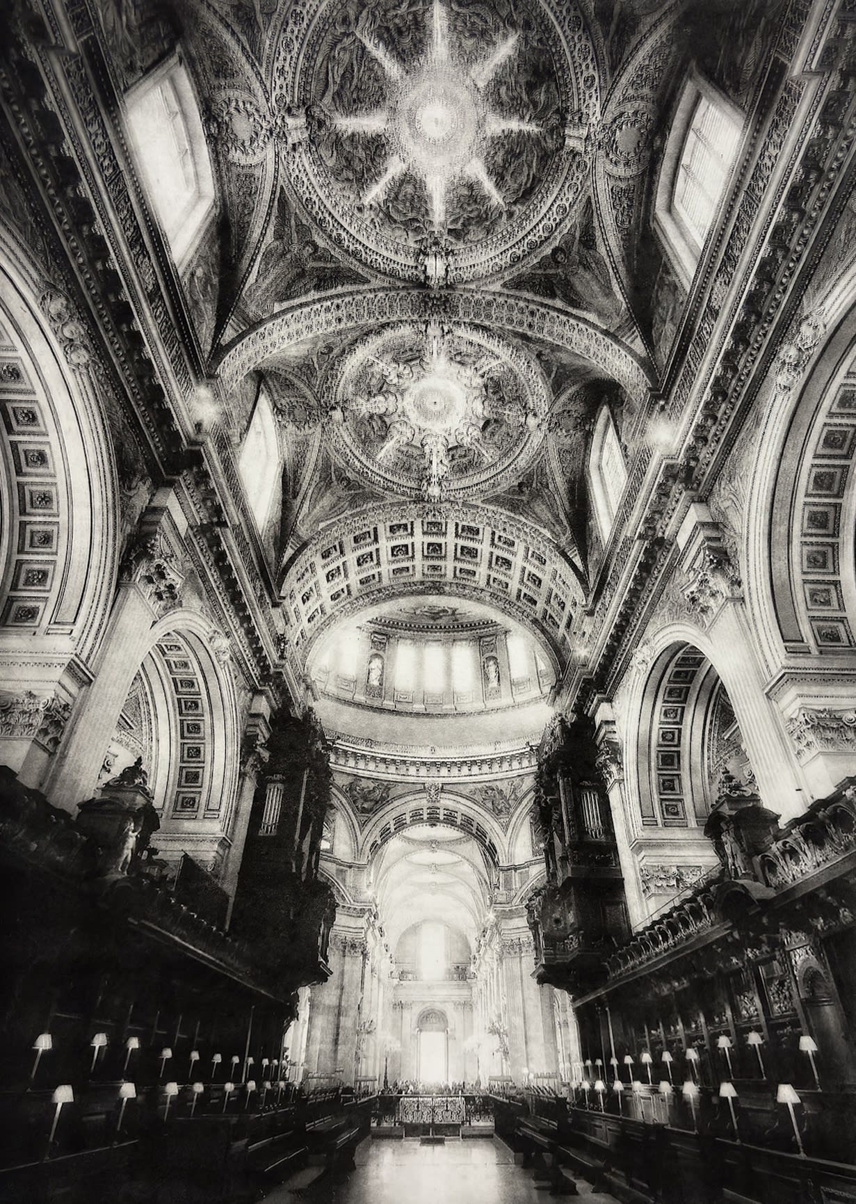 Lindsey Moran photogravure monochrome print showing the interior of St Paul's Cathedral with its windows and skylights