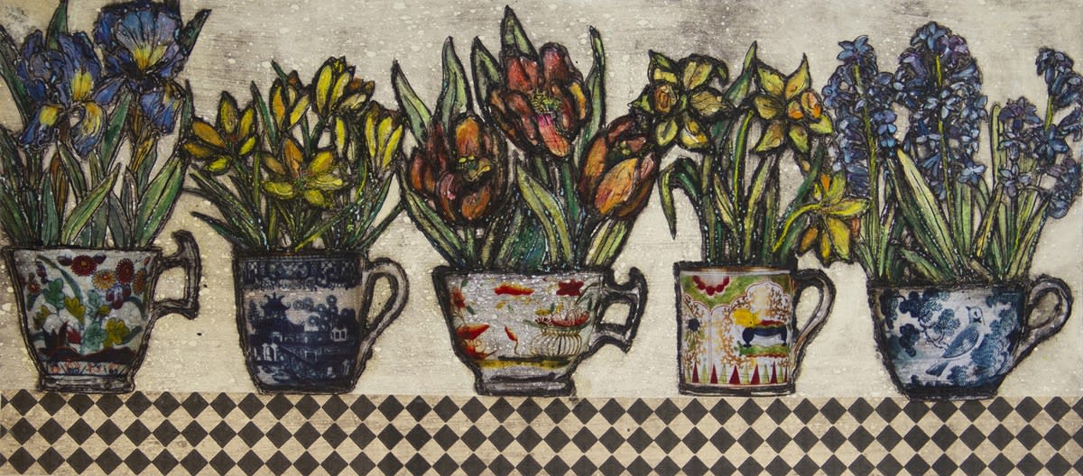Vicky Oldfield print of spring bulb flowers in 5 different patterned tea cups, all lined one next to the other. on a chequered surface.