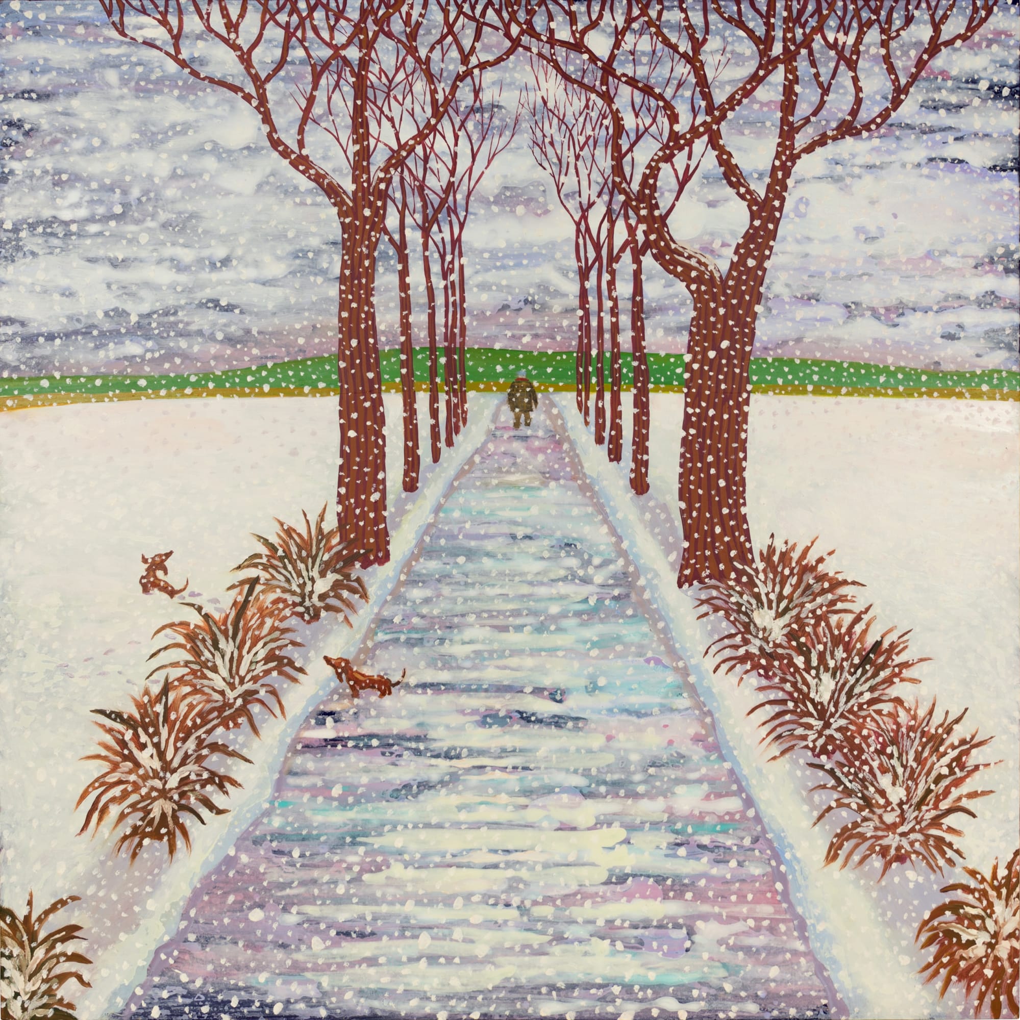 Mychael Barratt painting paying tribute to David Hockey's 'Winter Tunnel with Snow' landscape painting. A figure can be seen strolling on in the distance with 2 small dachshunds frolicking around several paces behind him.