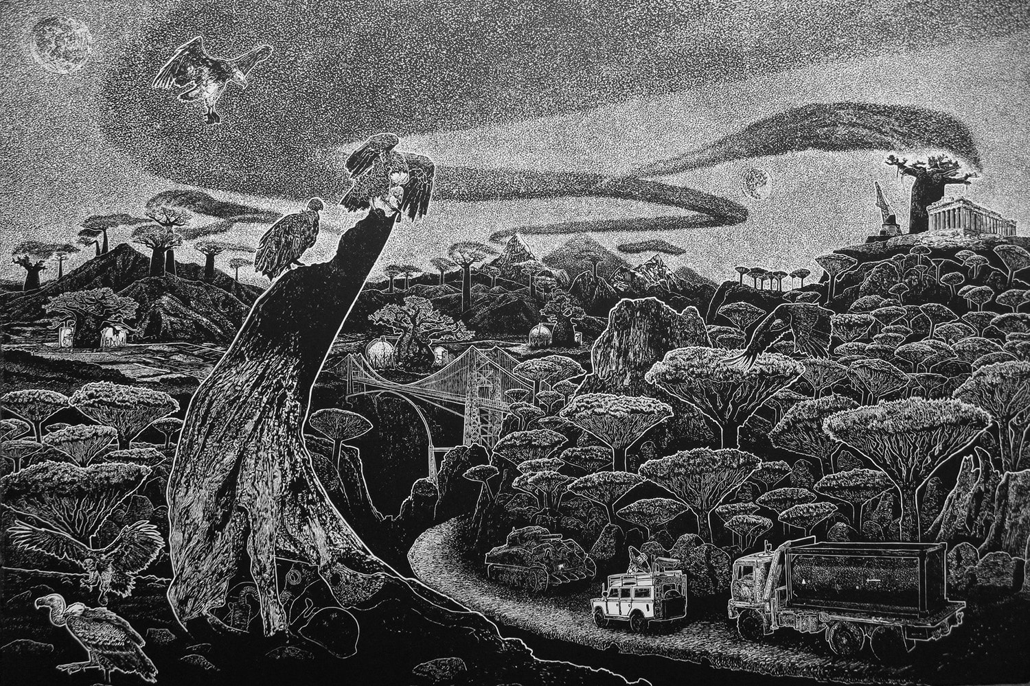 Black and white print by Ade Adesina of a forest of baobab trees, trucks on a road cutting through the vegetation and vultures in the foreground.