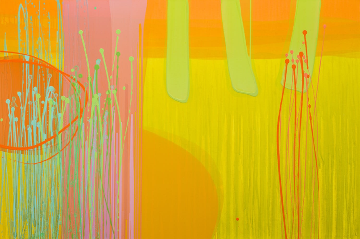 Charlotte Cornish abstract painting with layers of yellow, pink, orange, blue & green paint, each layer poured in a unique way giving it a different form.