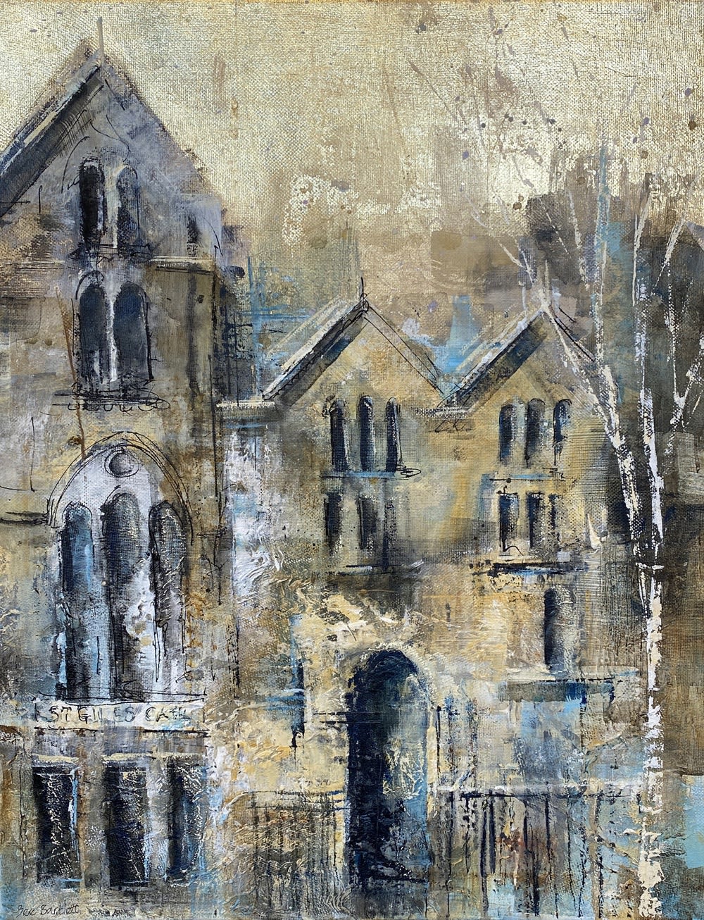 Bee Bartlett view of city buildings in warm browns with a gold background, a birch tree in the foreground.