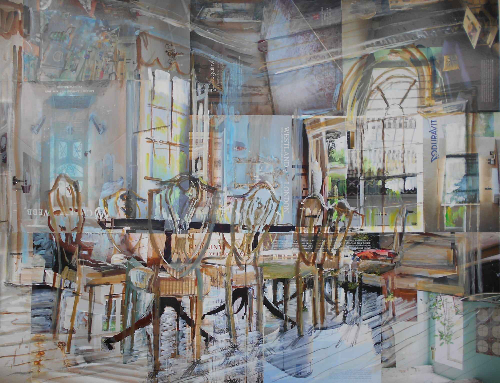 Alison Pullen interior collage of a grand dining room, a large wooden table sits in the centre surrounded by chairs, an arched window to the right floods the room with light.