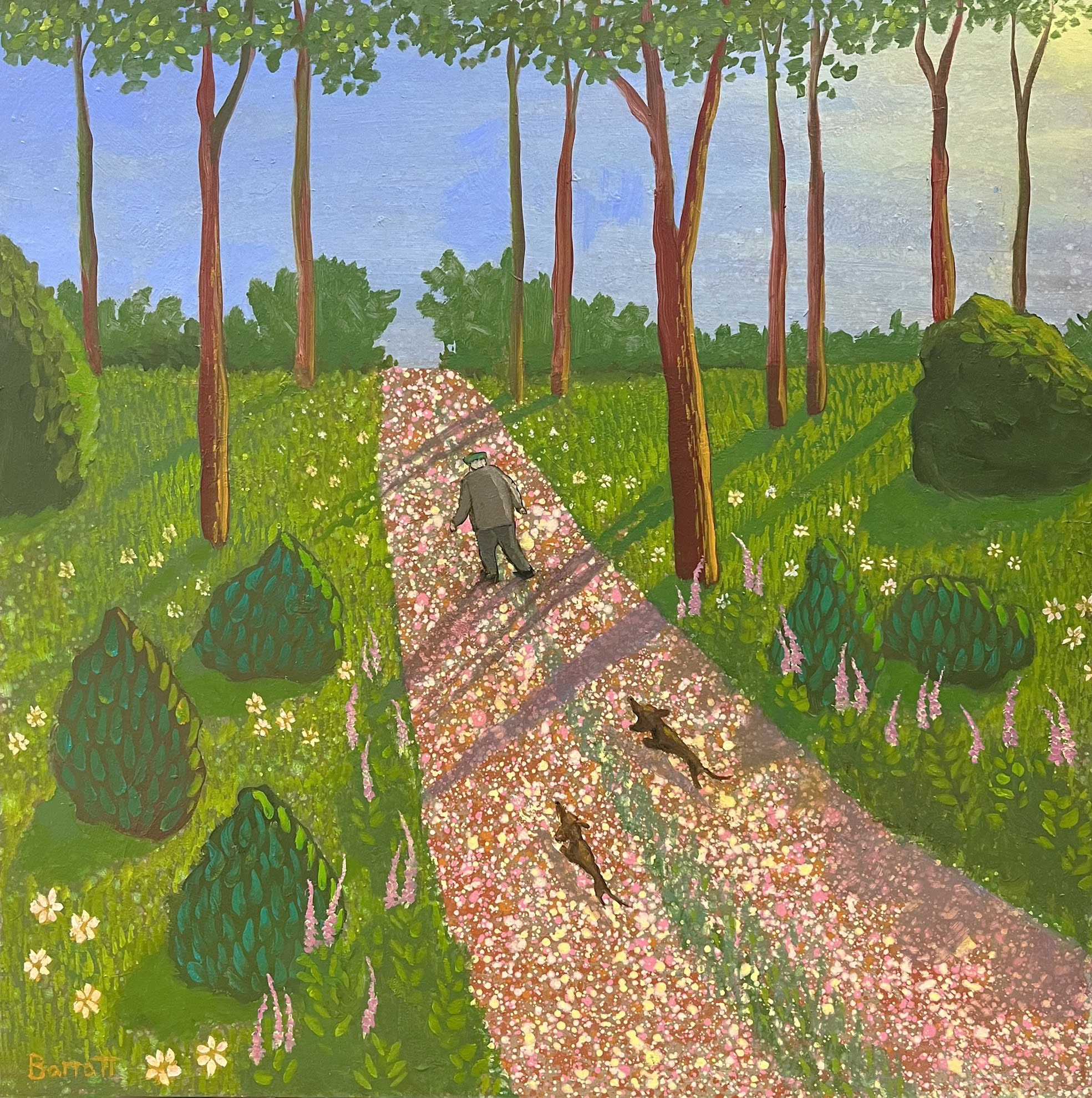 Mychael Barratt painting paying tribute to one of David Hockey's tunnel landscape paintings. A figure can be seen strolling on in the distance with 2 small dachshunds catching up several paces behind him.