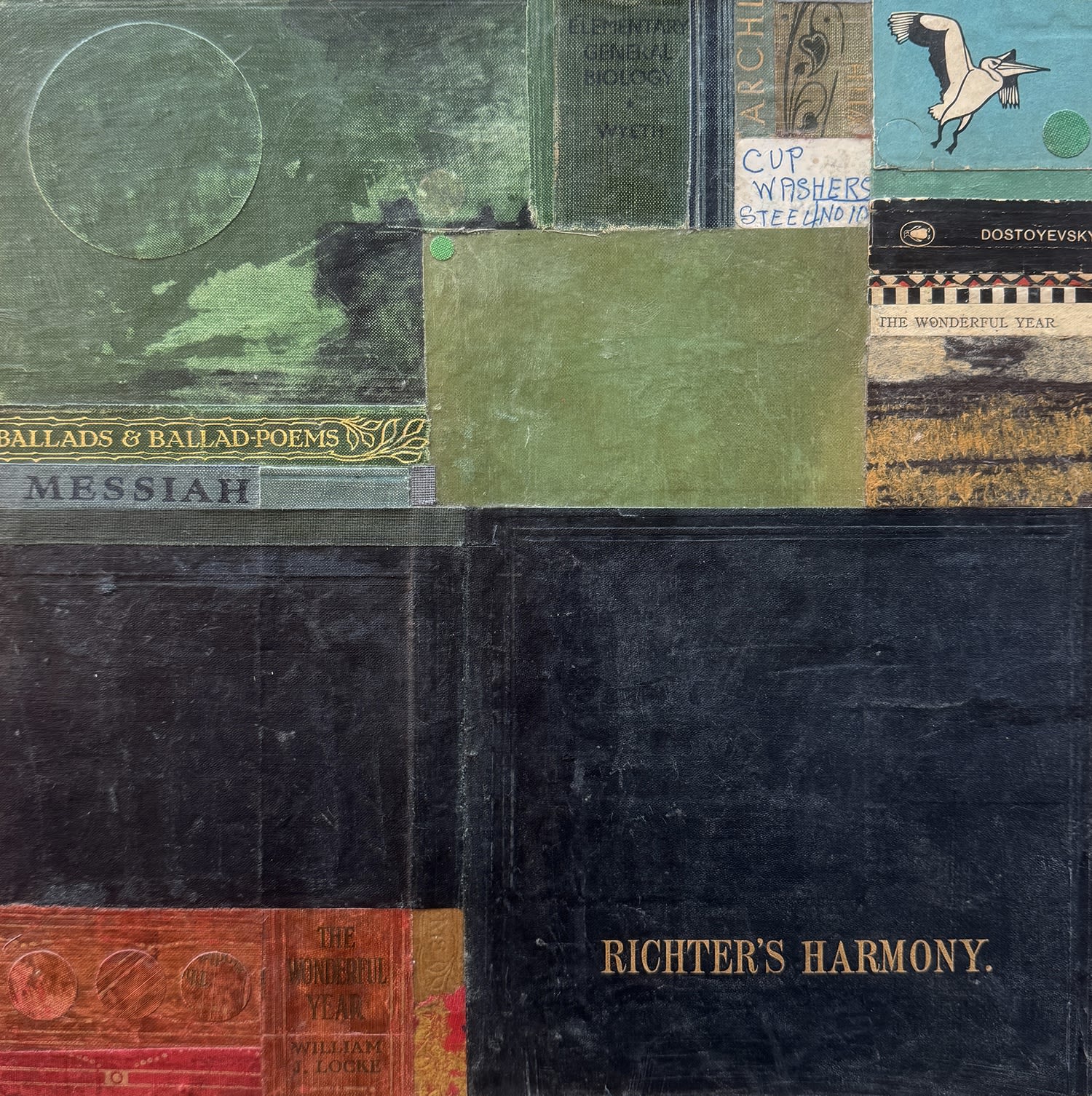 Emma Davis mixed media collage piece using vintage book covers, in colours green, red and black