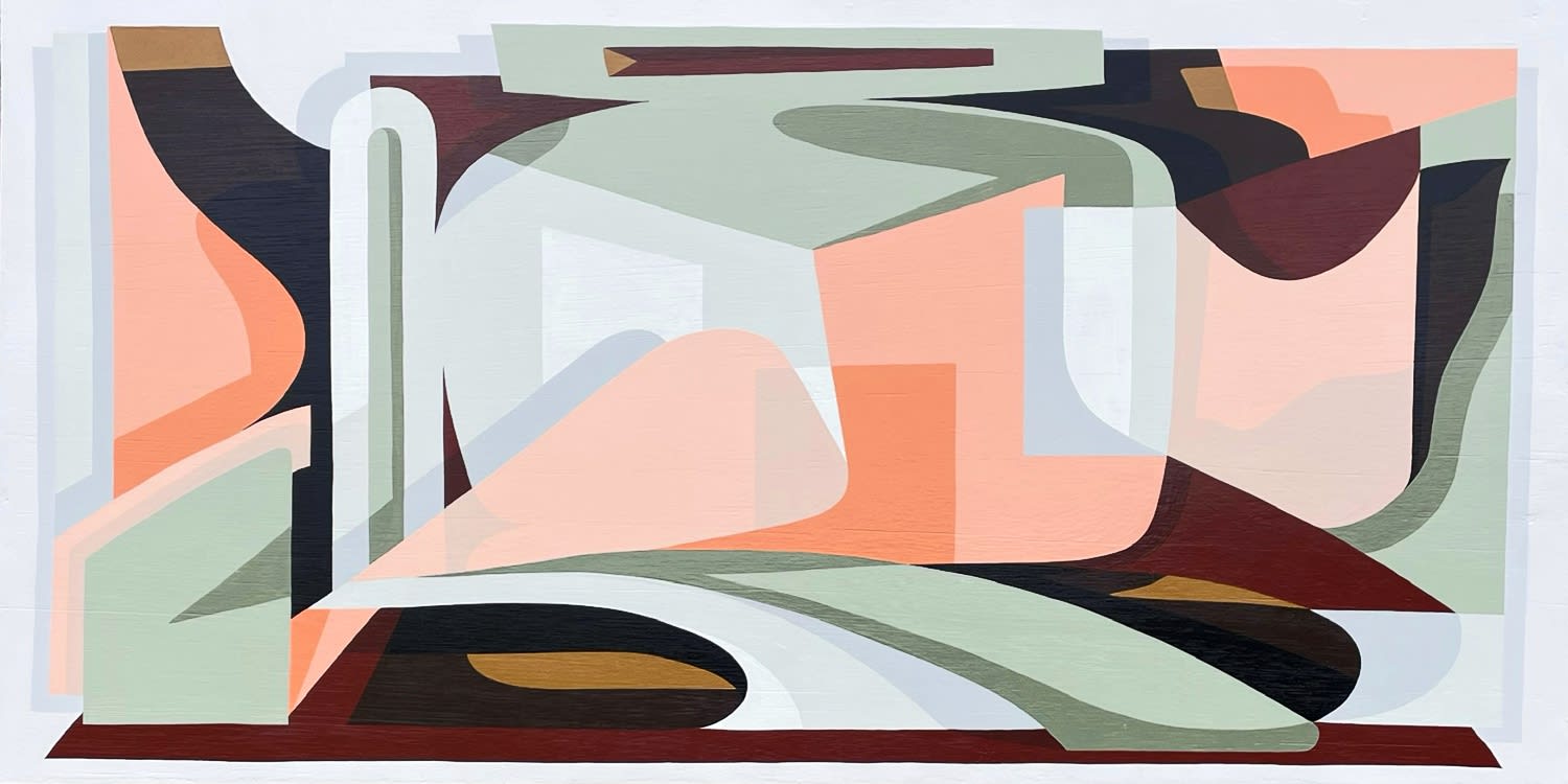 Kleiner Shames abstracted painting in colours pink, khaki, red and grey