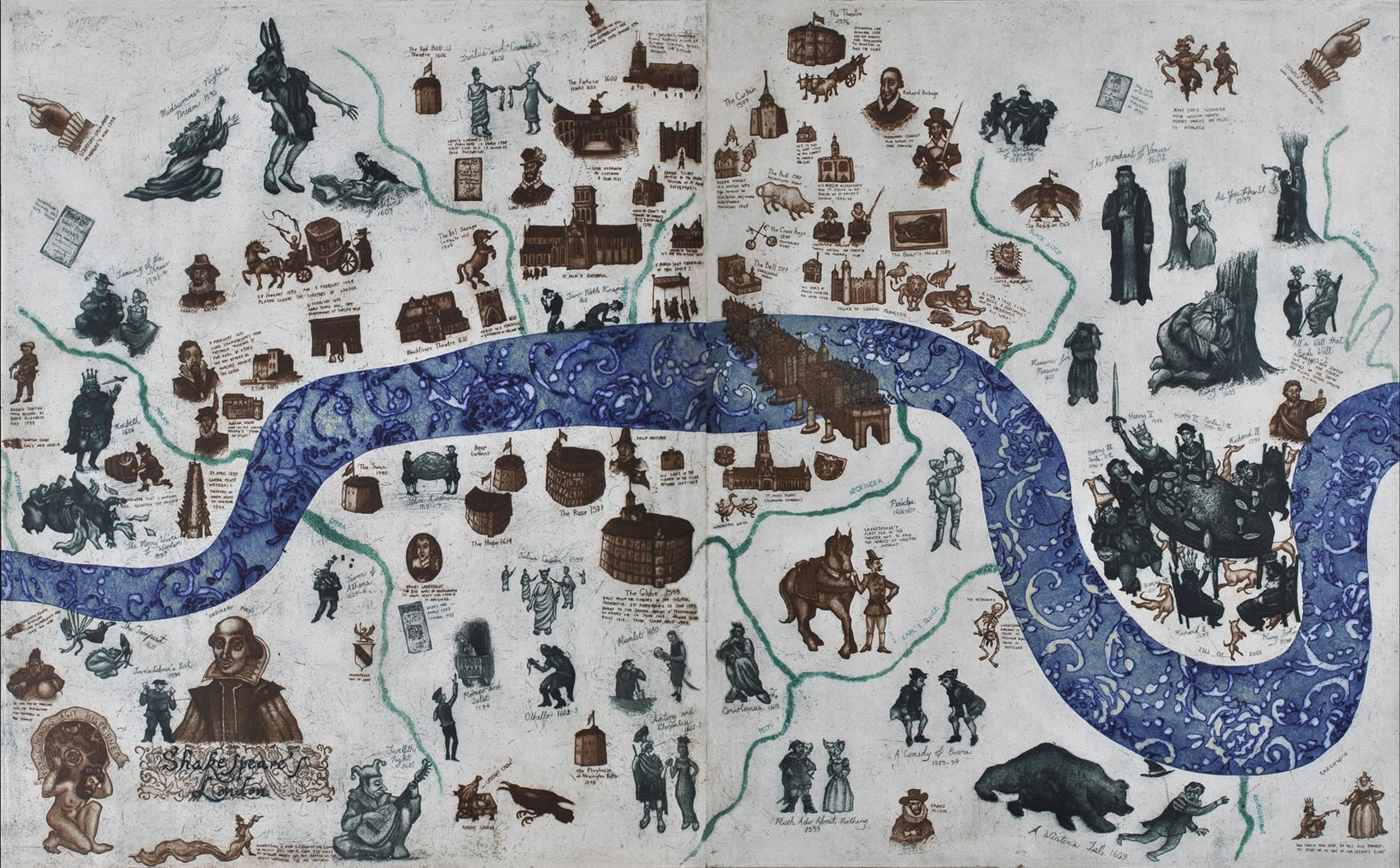 Mychael Barratt map of London with imagery detailing stories, places and literary works of Shakespeare.