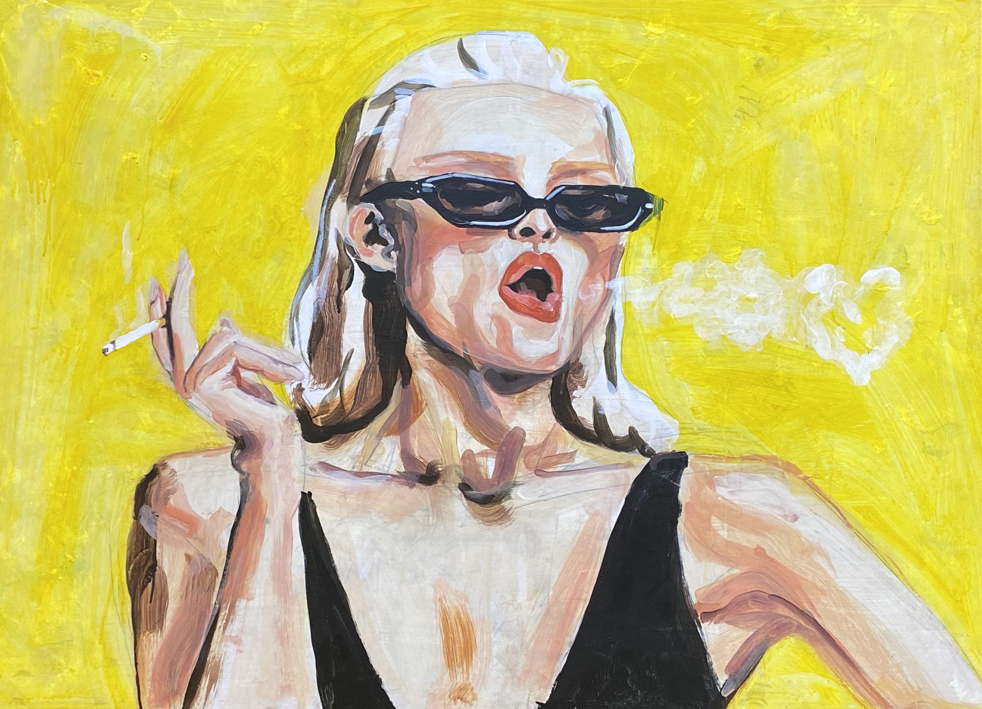 Veronica Wells painting, a woman with blond hair blows heart shaped smoke rings, wearing dark glasses and a black dress on a bright yellow background