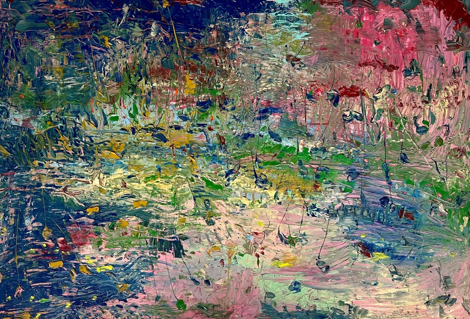 Rebecca Hardaker oil on canvas painting of an abstracted landscape in colours blue, green, pink and cream