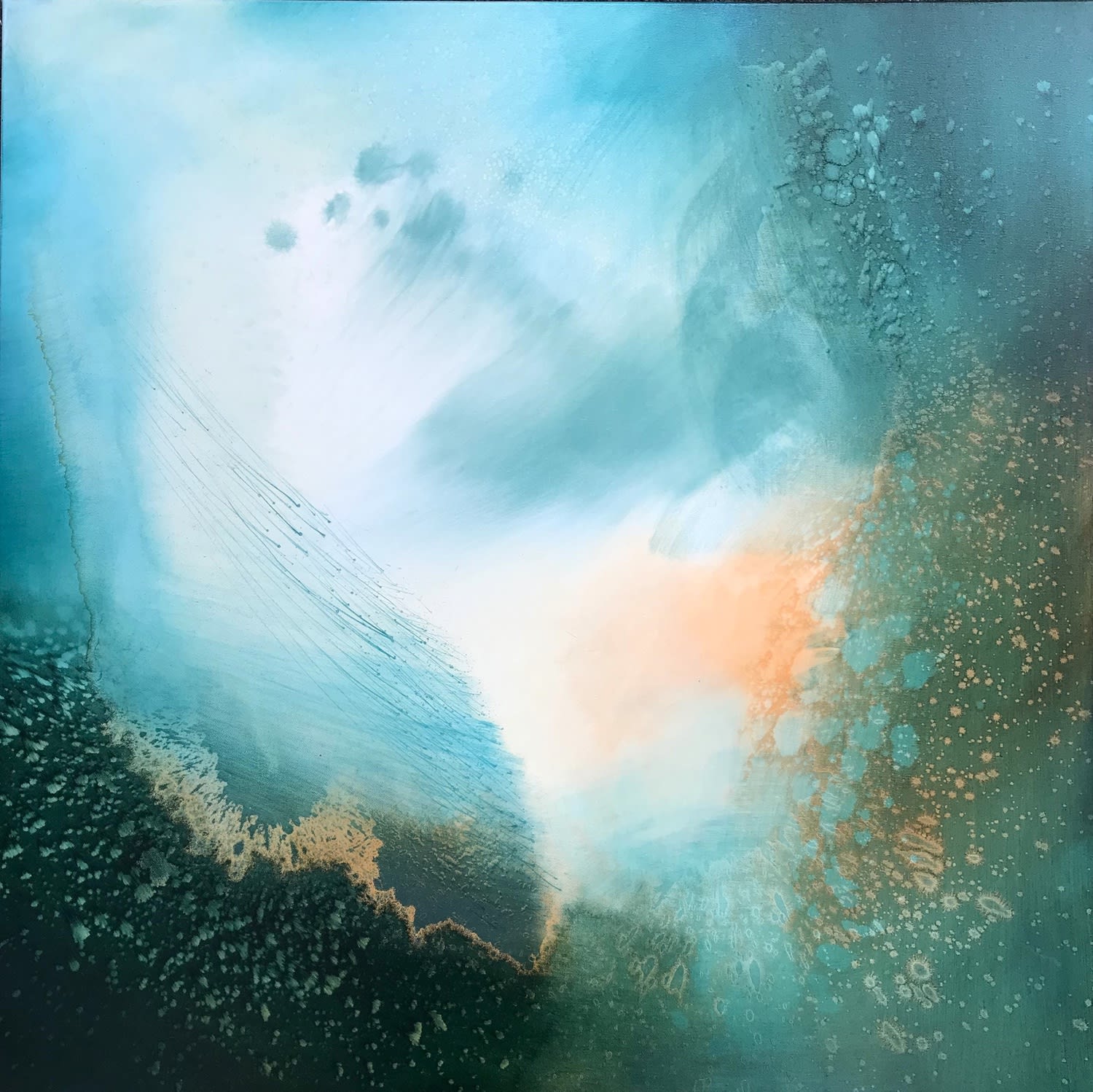 Amy Albright oil on canvas painting of an abstracted landscape in tones of turquoise and orange with a bright white light disrupting the centre
