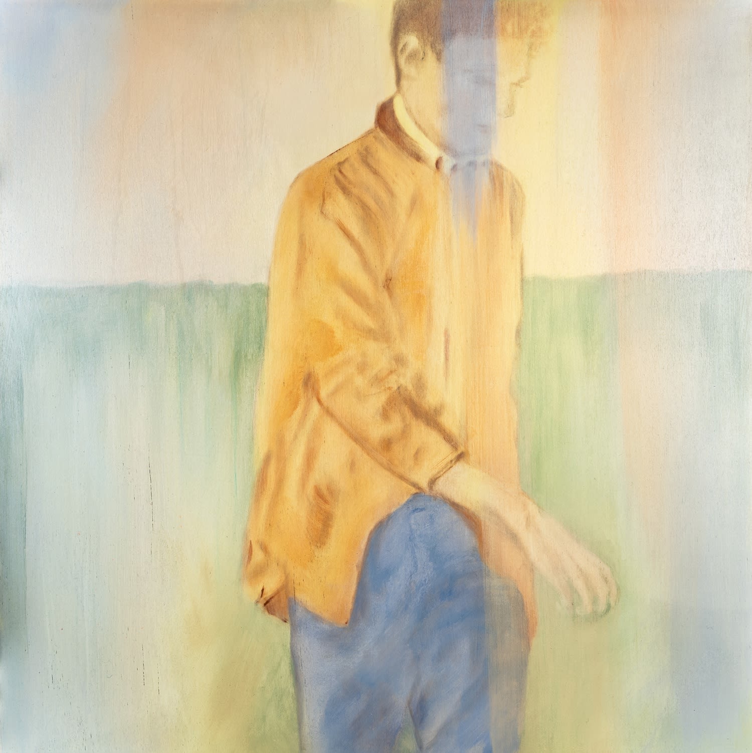 Zelga Simone Miller figurative oil on wood panel painting of a male figure in movement, painted in yellows, blues, greens and pink