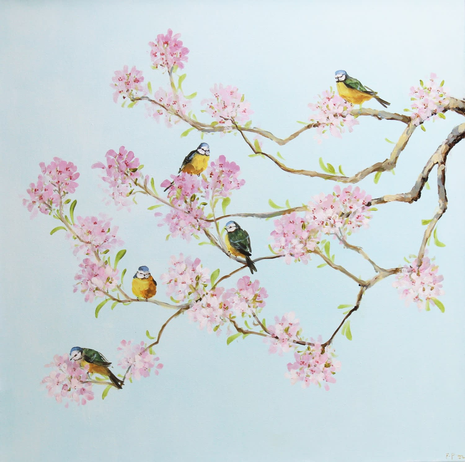 Fletcher Prentice oil on canvas painting. A branch of bloomed cherry blossom is accompanied by five Blue Tits perching amongst it. The background is a pale sky blue.