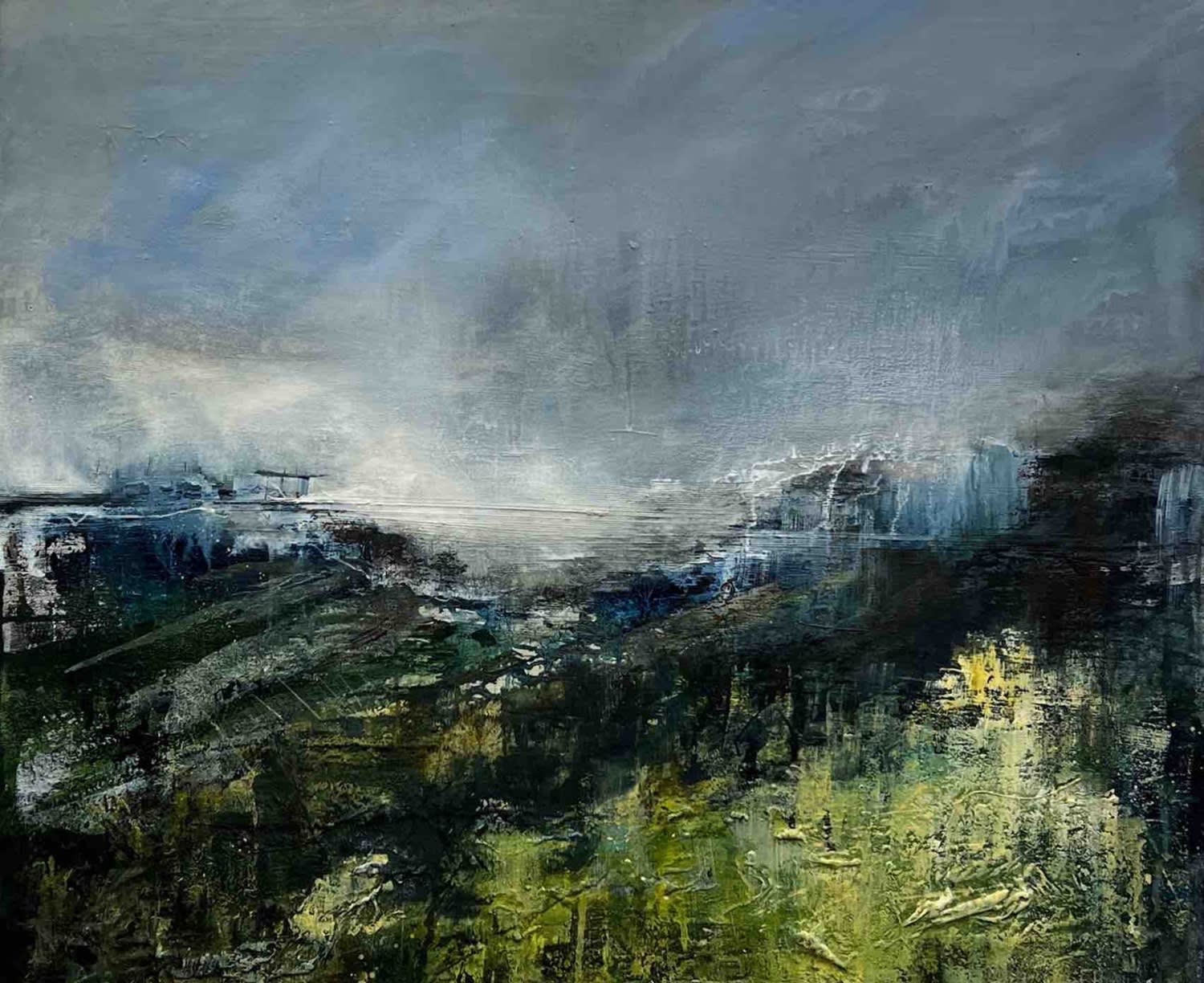 Bee Bartlett mixed media semi abstract landscape loosely based off of Port Meadow picturing small grass hills.