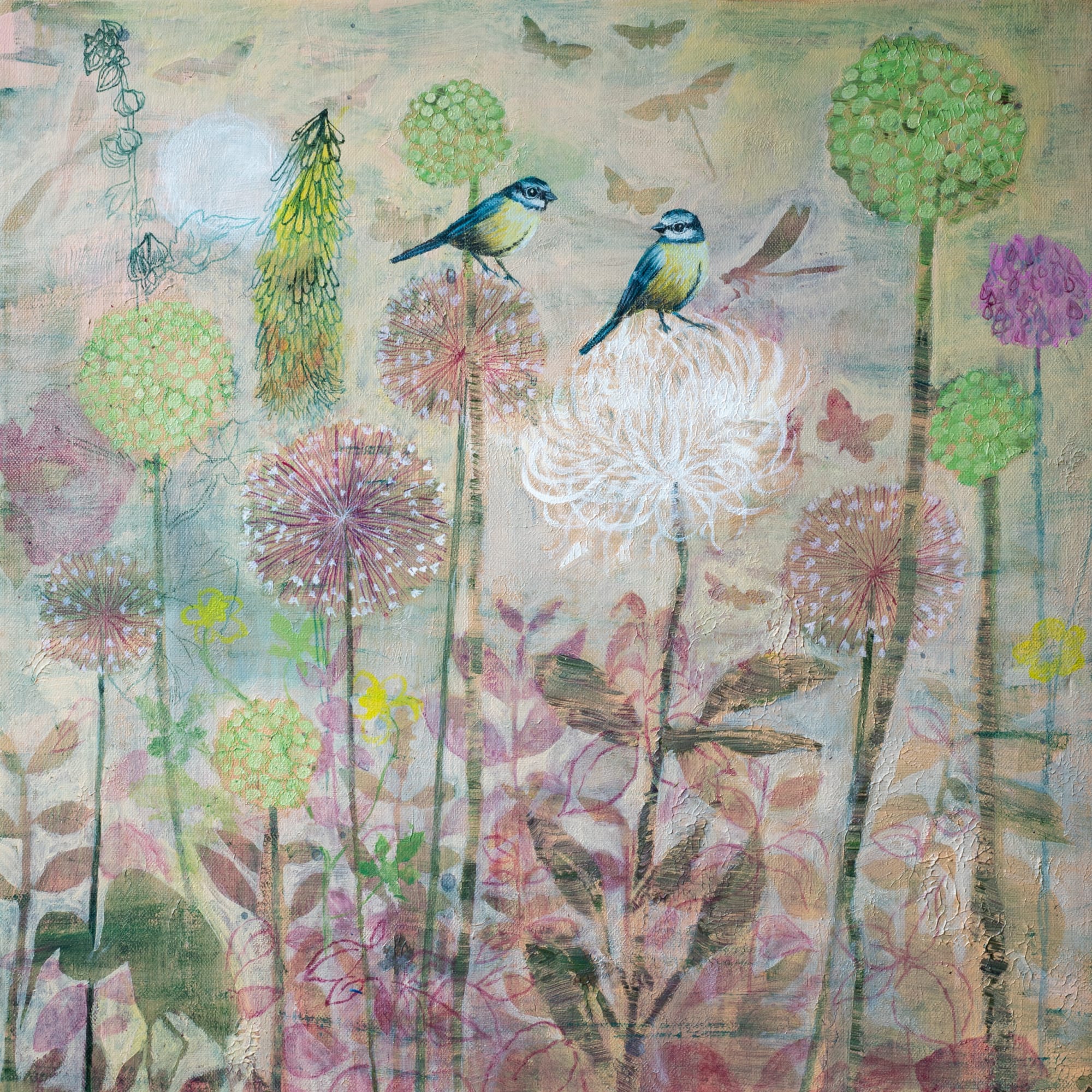 Dawn Stacey floral landscape painting of a variety of allium flowers, daffodils, silhouettes of dragonflies and butterflies and two blue tits perching on a flower facing one another.