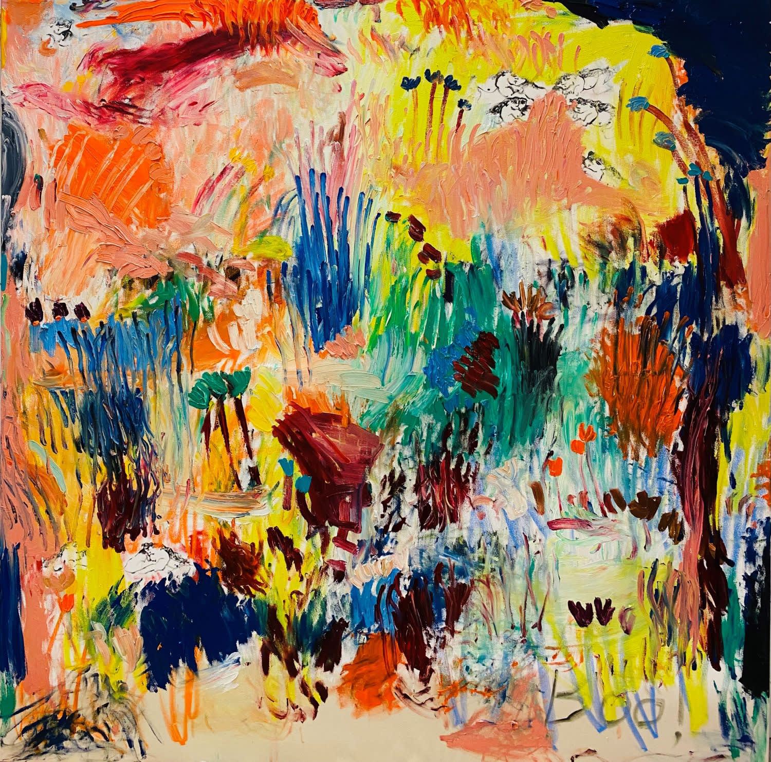 Rebecca Hardaker abstract painting with flora and figures arranged in the compositions, in yellows blues, blues, pinks, greens and oranges