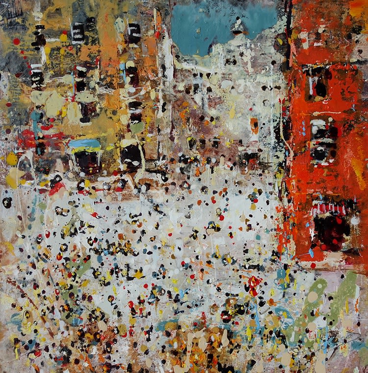 Andrew Hood oil piece, showing a city Square in Italy with crowds upon crowds of people. Painted in spots of vivid reds, pastel blues, bright yellows and black.