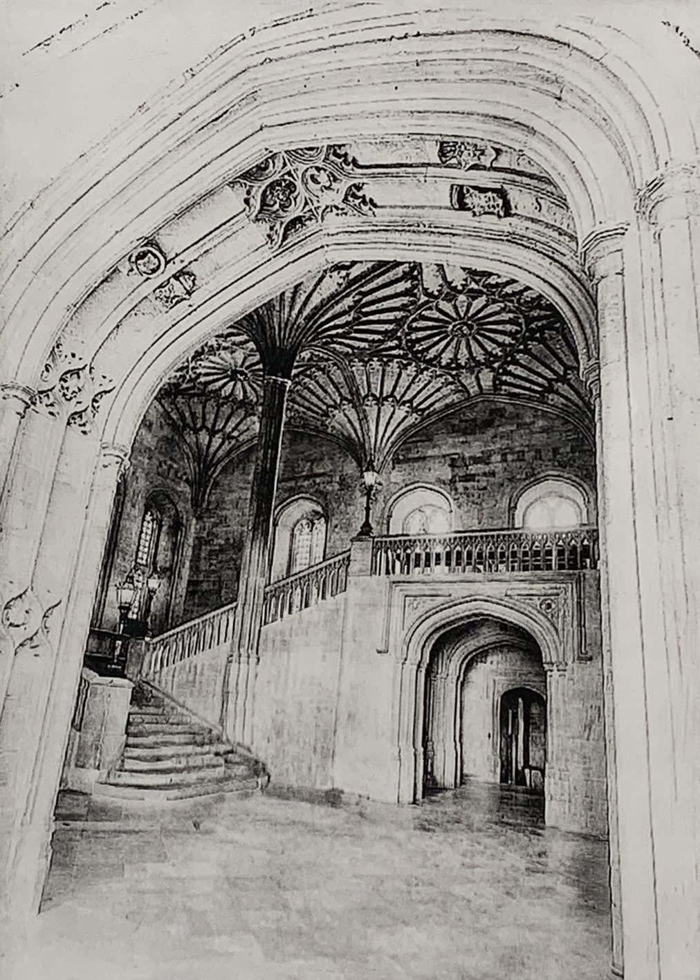 Lindsey Moran tonal black and white print of a gothic fan vaulted ceiling looked at through a doorway.