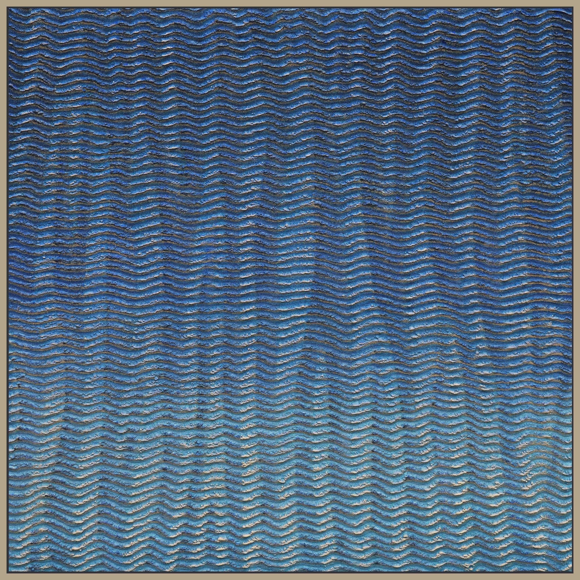 Martha Winter abstract painting in blues and sand of rhythmic lines and ripples