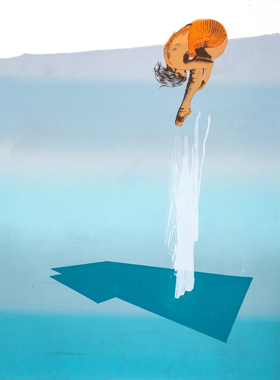 Anna Marrow silkscreen print of a female diver somersaulting in the air with a pale blue pool beneath her