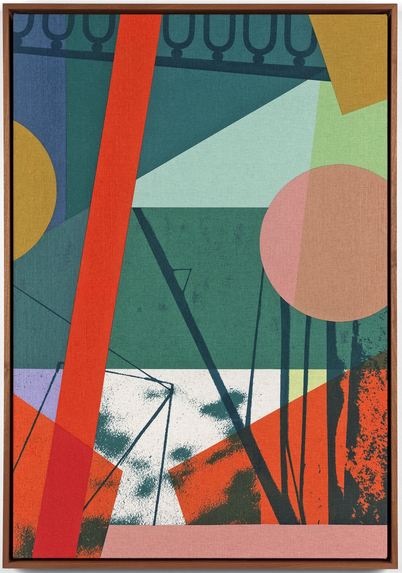 Michelle House silkscreen on cotton linen print of an abstracted cityscape in vivid oranges, yellows, blues and greens