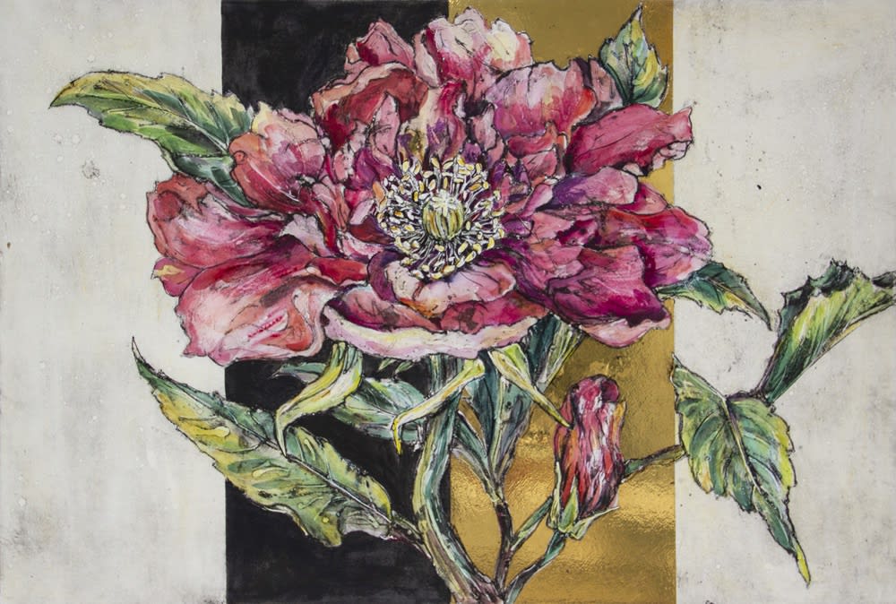 A large scale print of a deep pink tree peony against a background in large blocks of white black and gold in stripes.