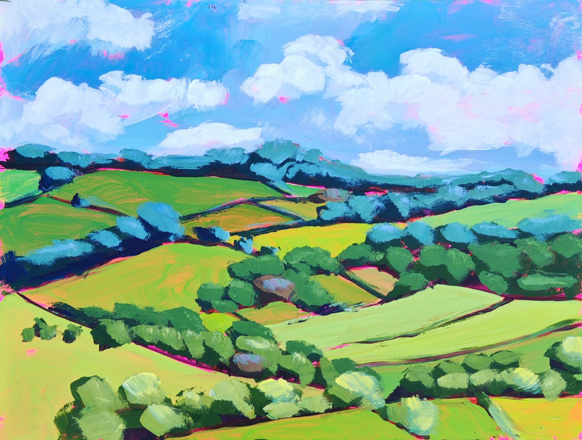 Belinda Millar landscape painting showing the green and golden rolling hills of oxford, with a neon pink under colour