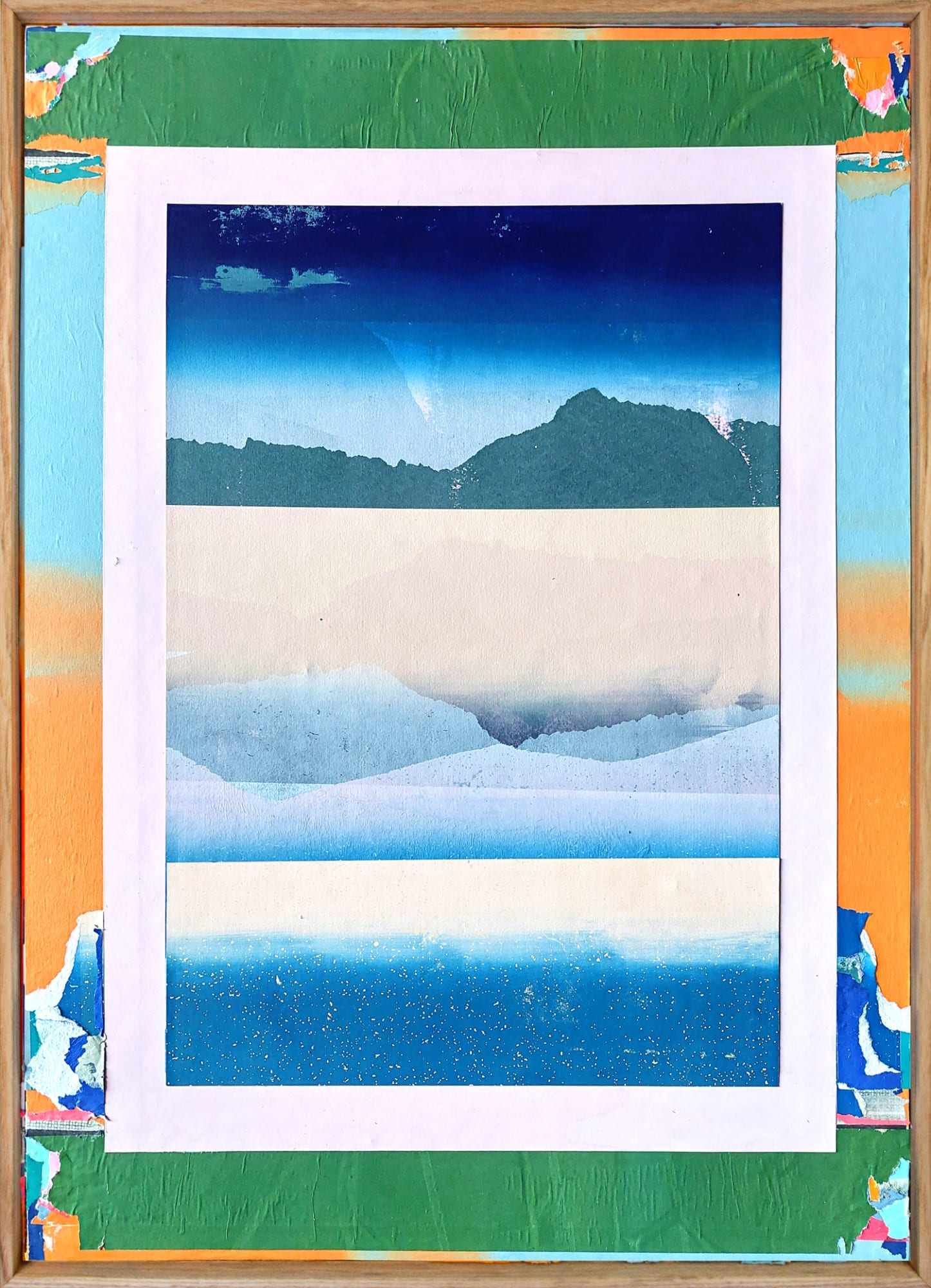Angus Vasili mixed media collage of an abstracted landscape in blue, green, and orange with a polarised border