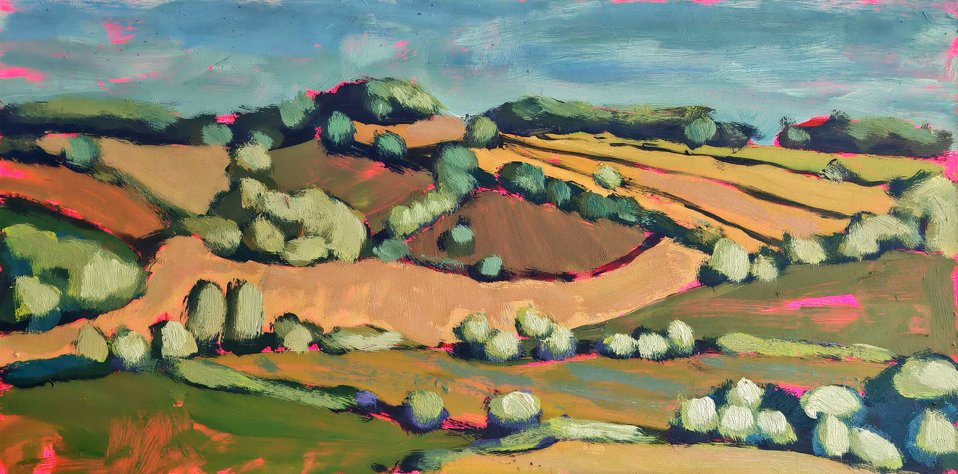Belinda Millar ladnscape painting in a panoramic perspective showing the green rolling hills of Oxfordshire, with a neon pink under colour