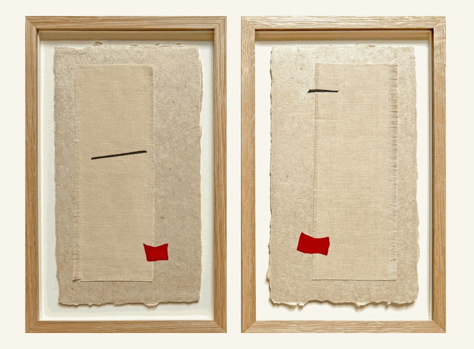 Jo Evans 100 Hours collaged tapestry of two semi-abstracted faces with black lashes and red lips