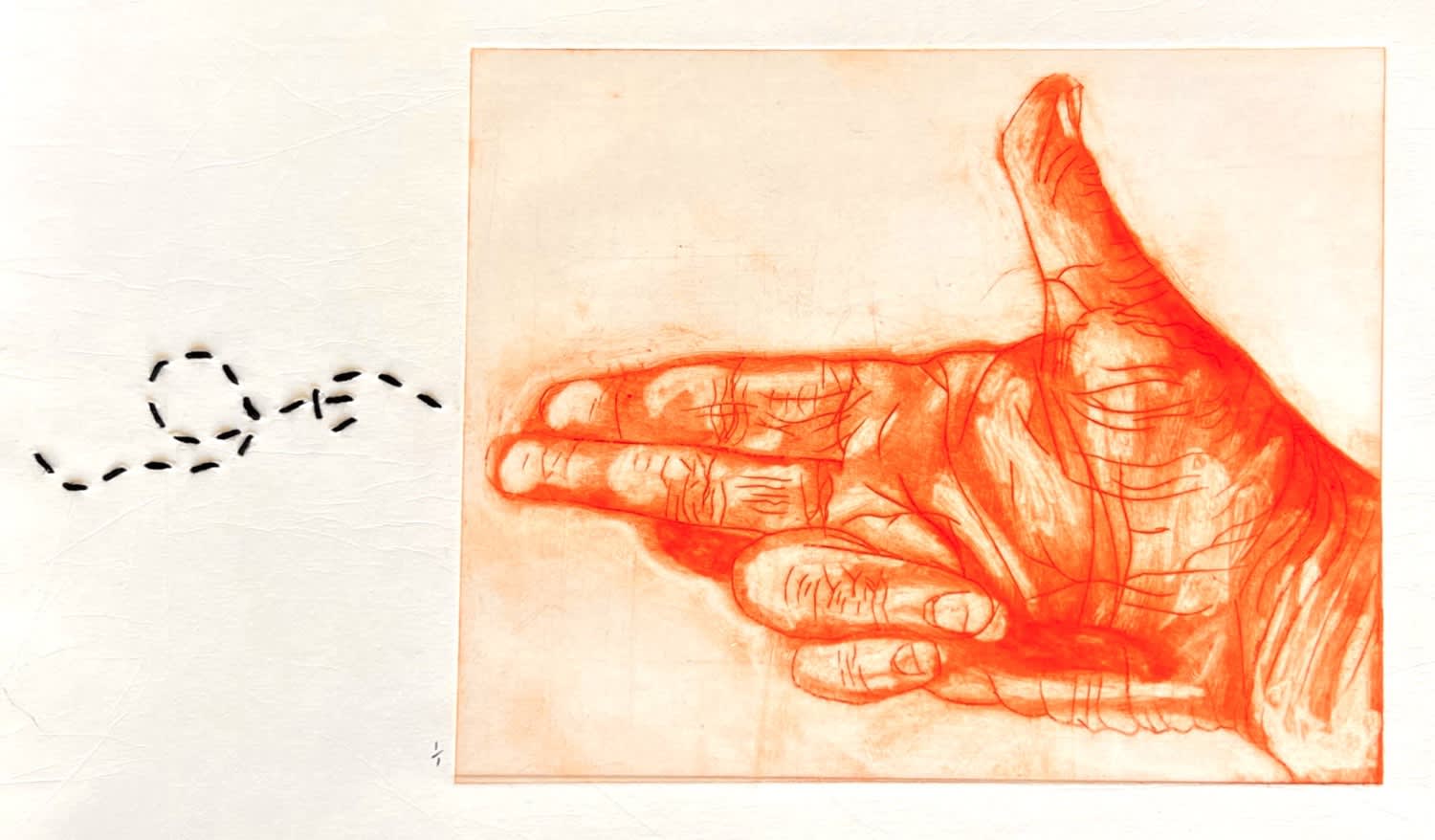 Erin Rosalie Thomas print of a hand pointing with two fingers, a black running stitch next to it