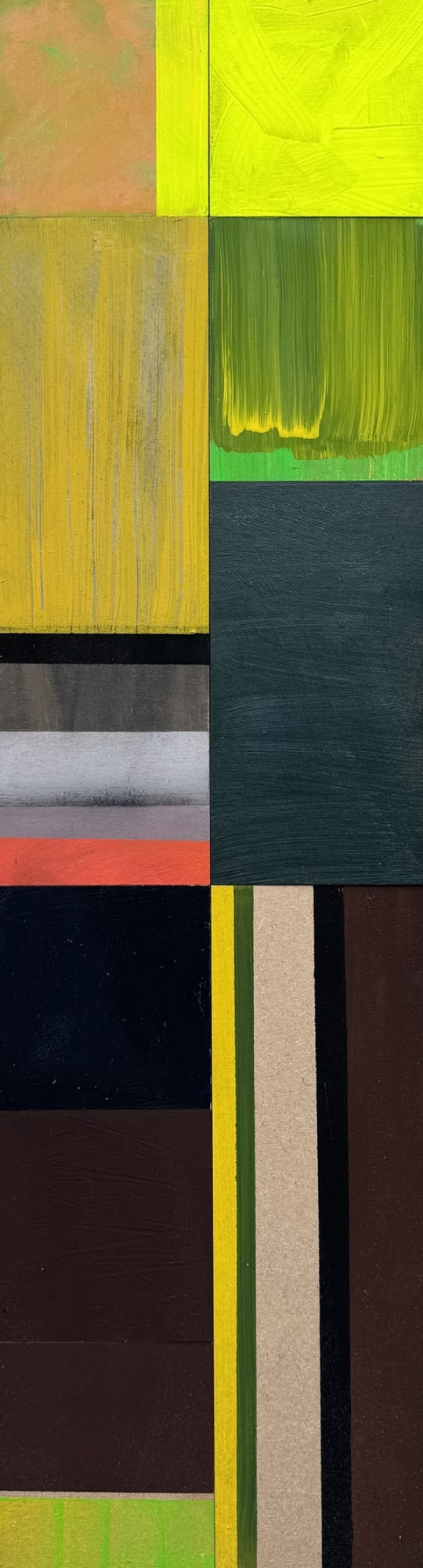 Emma Davis abstract painting of rectangular shapes, in colours yellow, green, red and black