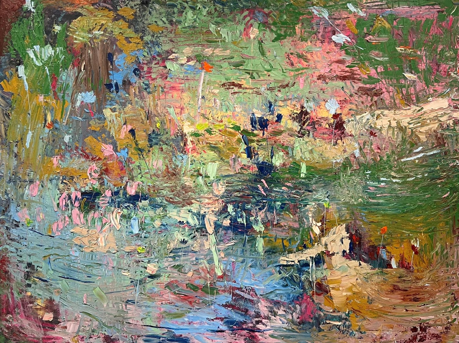 Rebecca Hardaker semi-abstracted painting of a green floral landscape, made using colours green, blue, ochre and pink